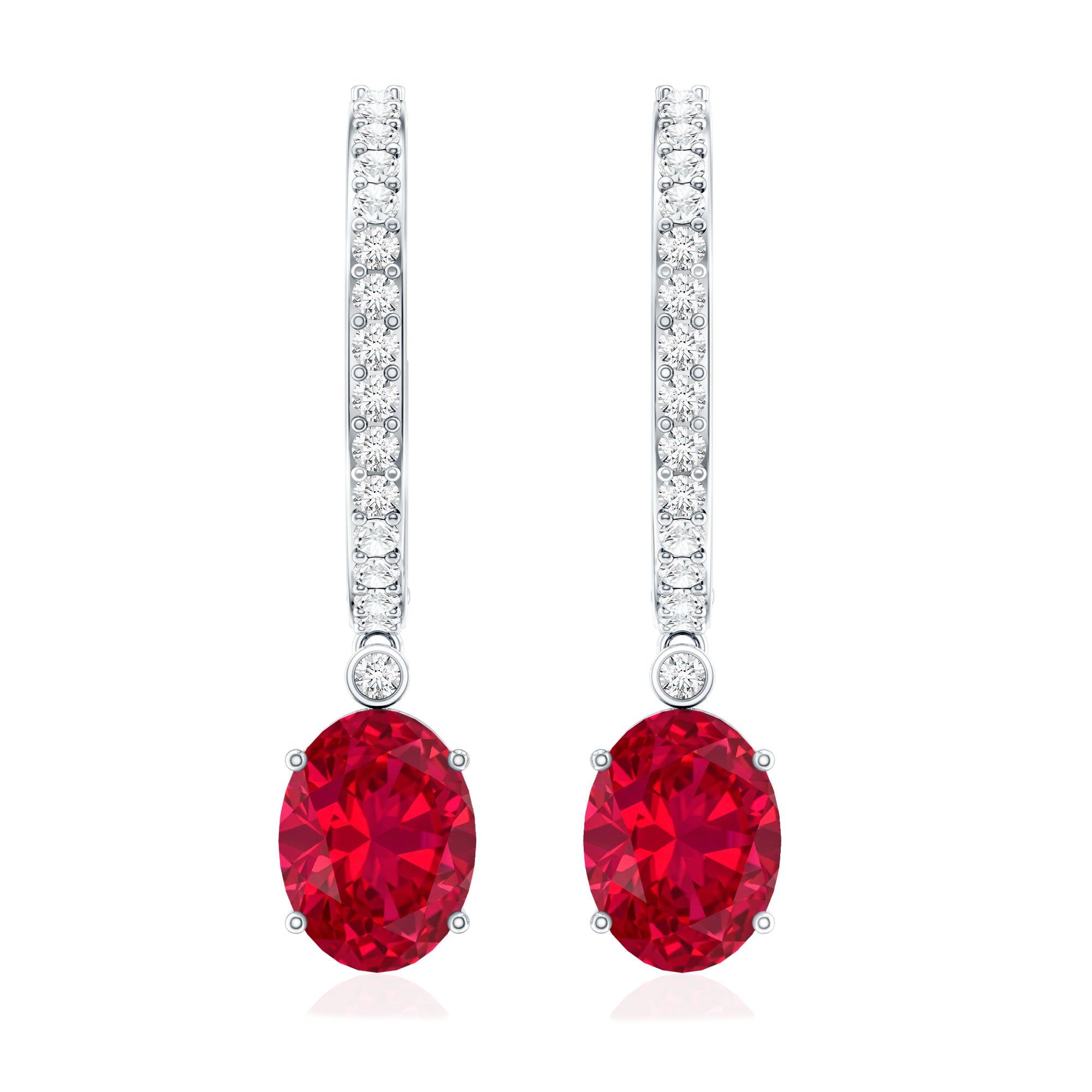 Oval Cut Lab Created Ruby Hoop Drop Earrings with Diamonds AAAA - Rosec Jewels