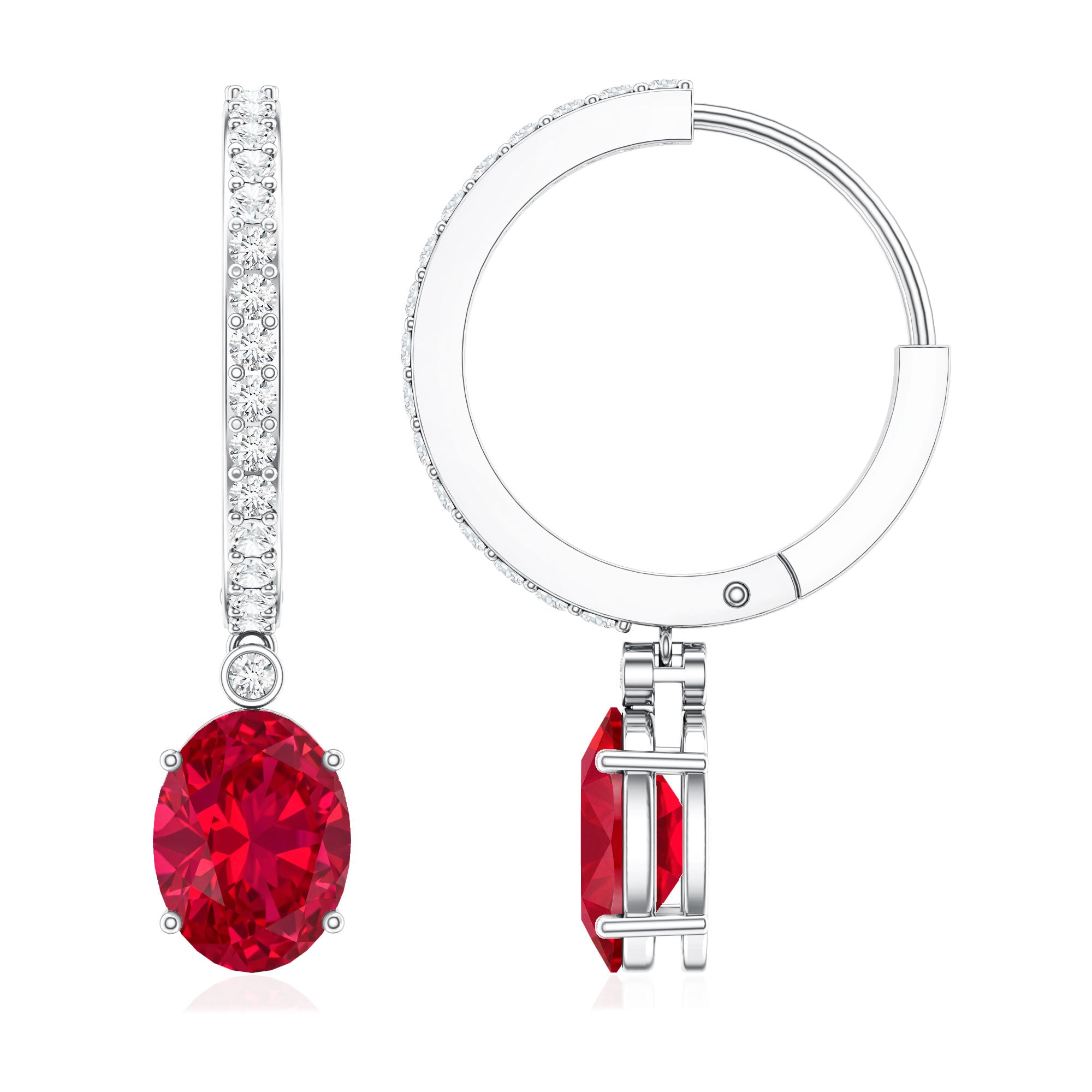 Oval Cut Lab Created Ruby Hoop Drop Earrings with Diamonds AAAA - Rosec Jewels