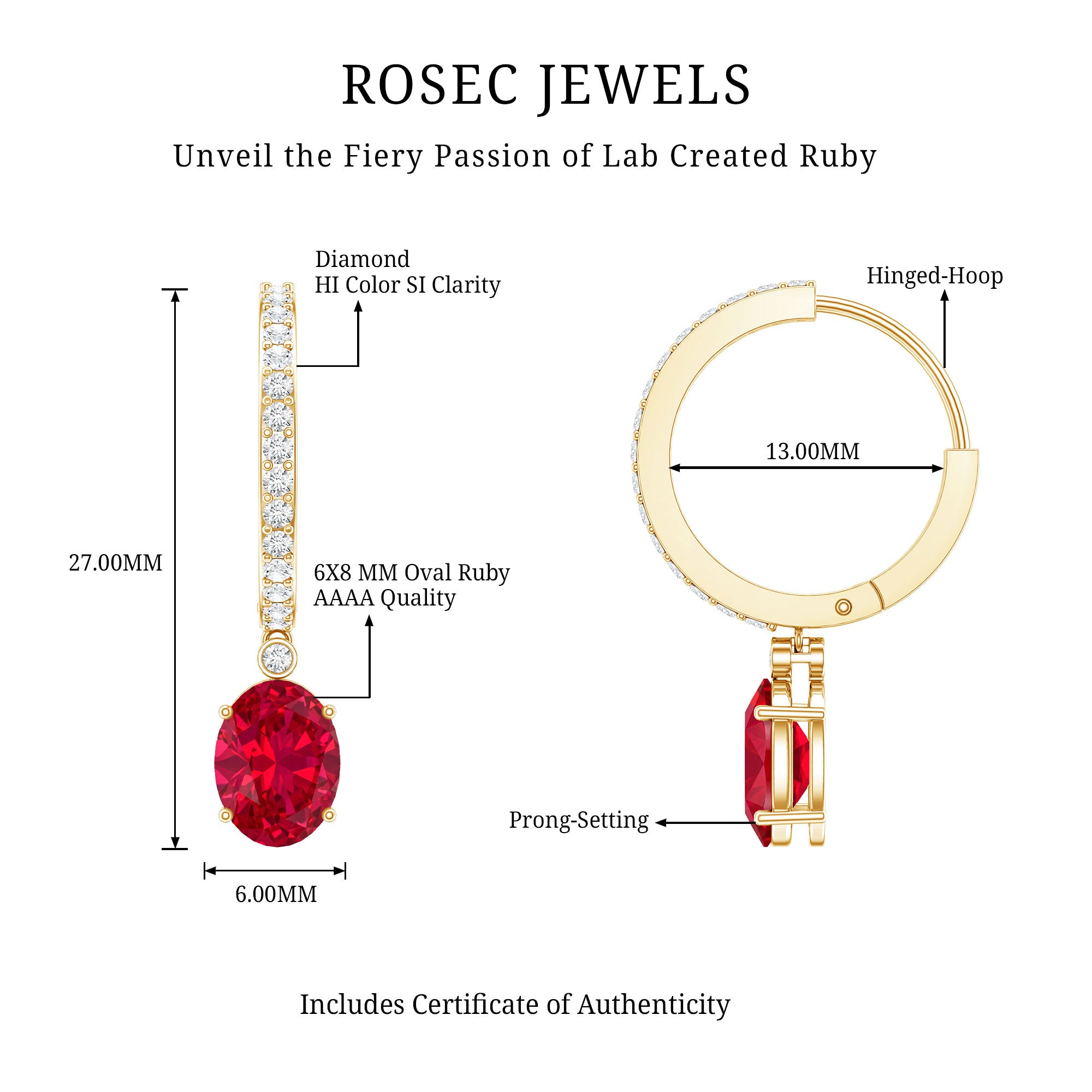 Oval Cut Lab Created Ruby Hoop Drop Earrings with Diamonds AAAA - Rosec Jewels