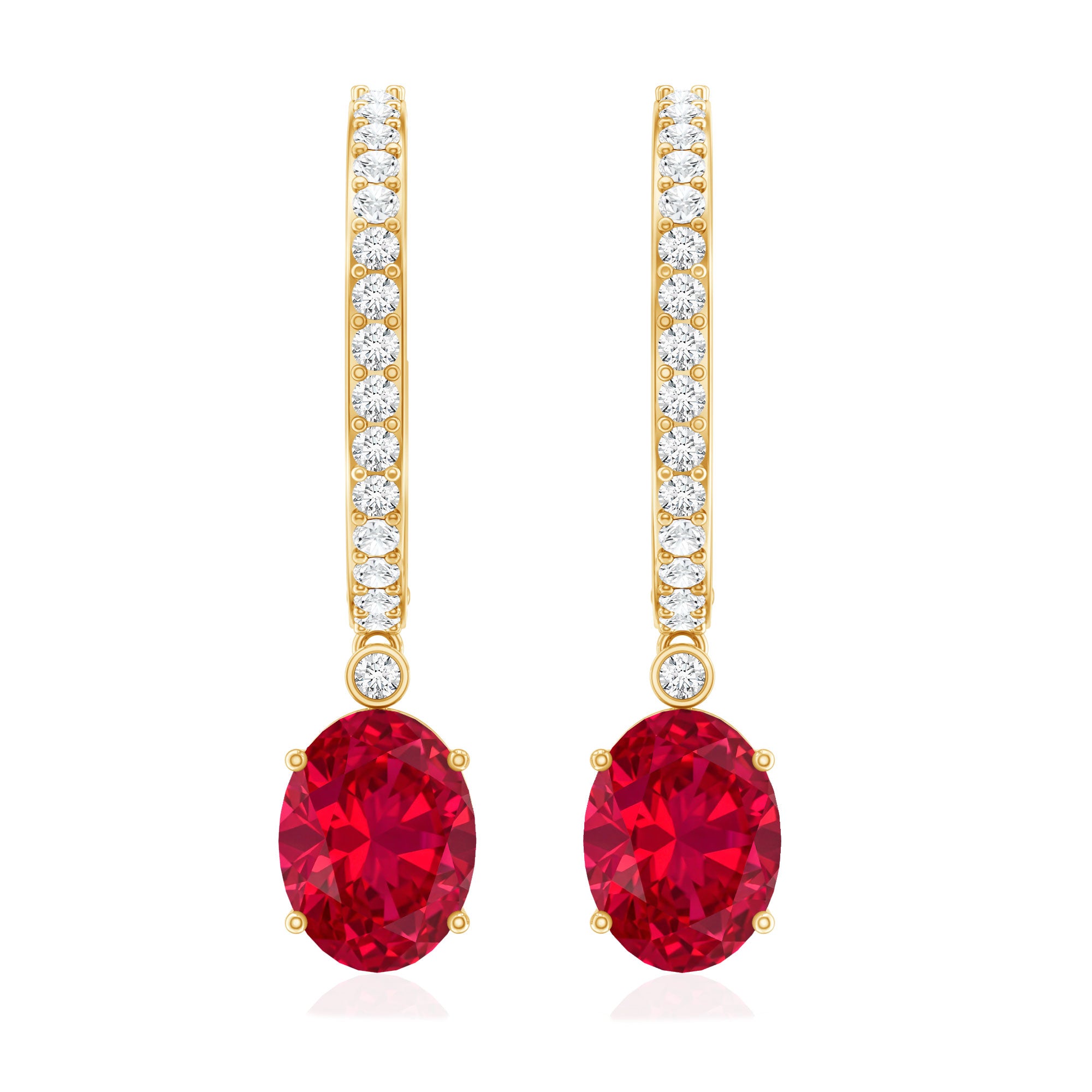 Oval Cut Lab Created Ruby Hoop Drop Earrings with Diamonds AAAA - Rosec Jewels