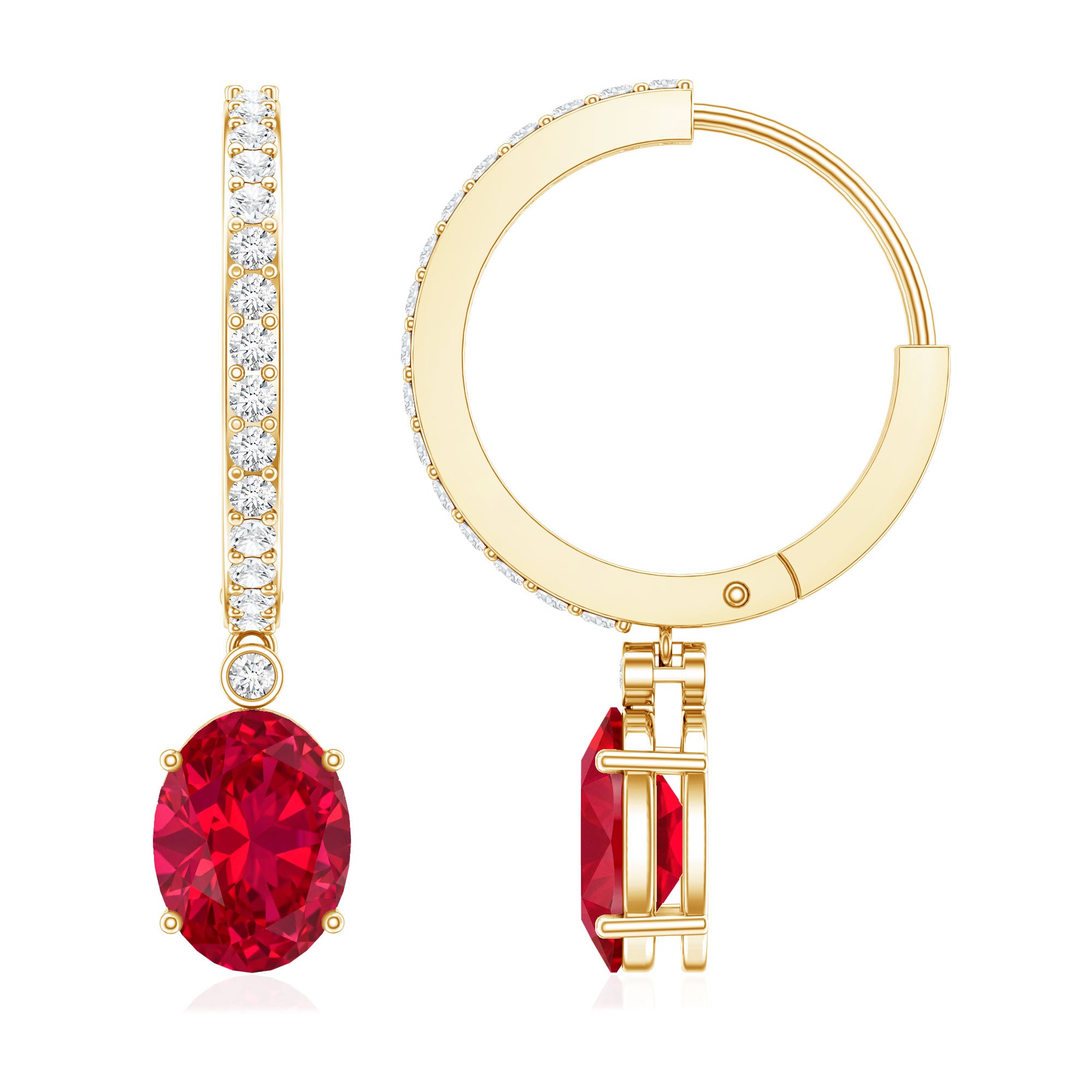 Oval Cut Lab Created Ruby Hoop Drop Earrings with Diamonds AAAA - Rosec Jewels