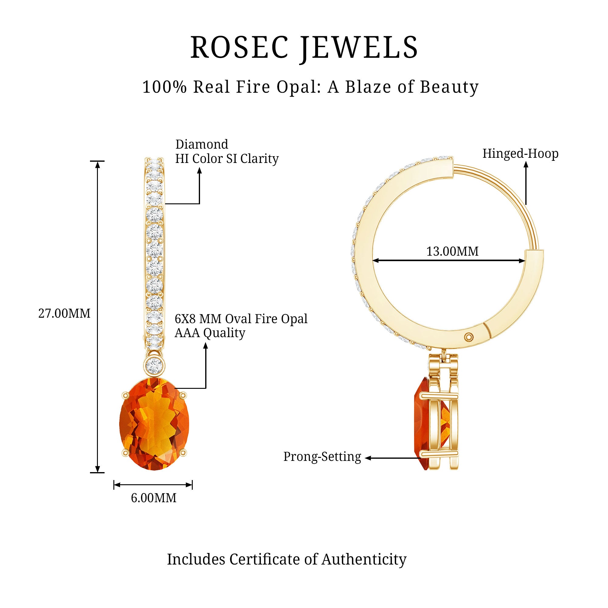 Certified Real Oval Fire Opal Hoop Earrings with Diamond AAA - Rosec Jewels