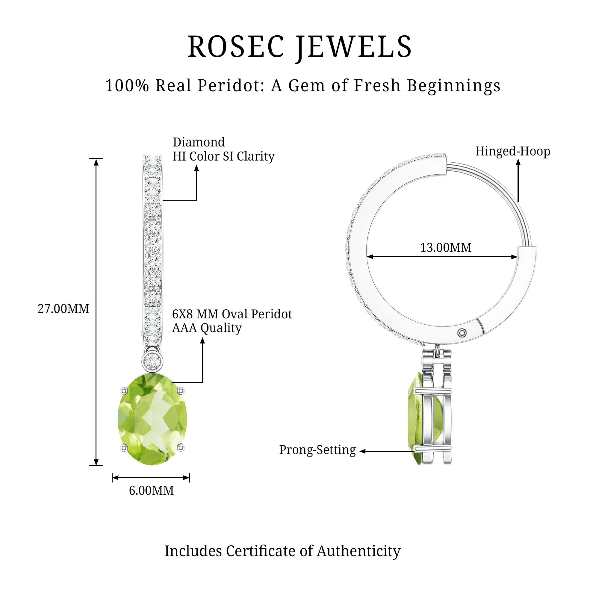 Natural 2.2 Carat Peridot Drop Hoop Earrings with Diamond AAA - Rosec Jewels