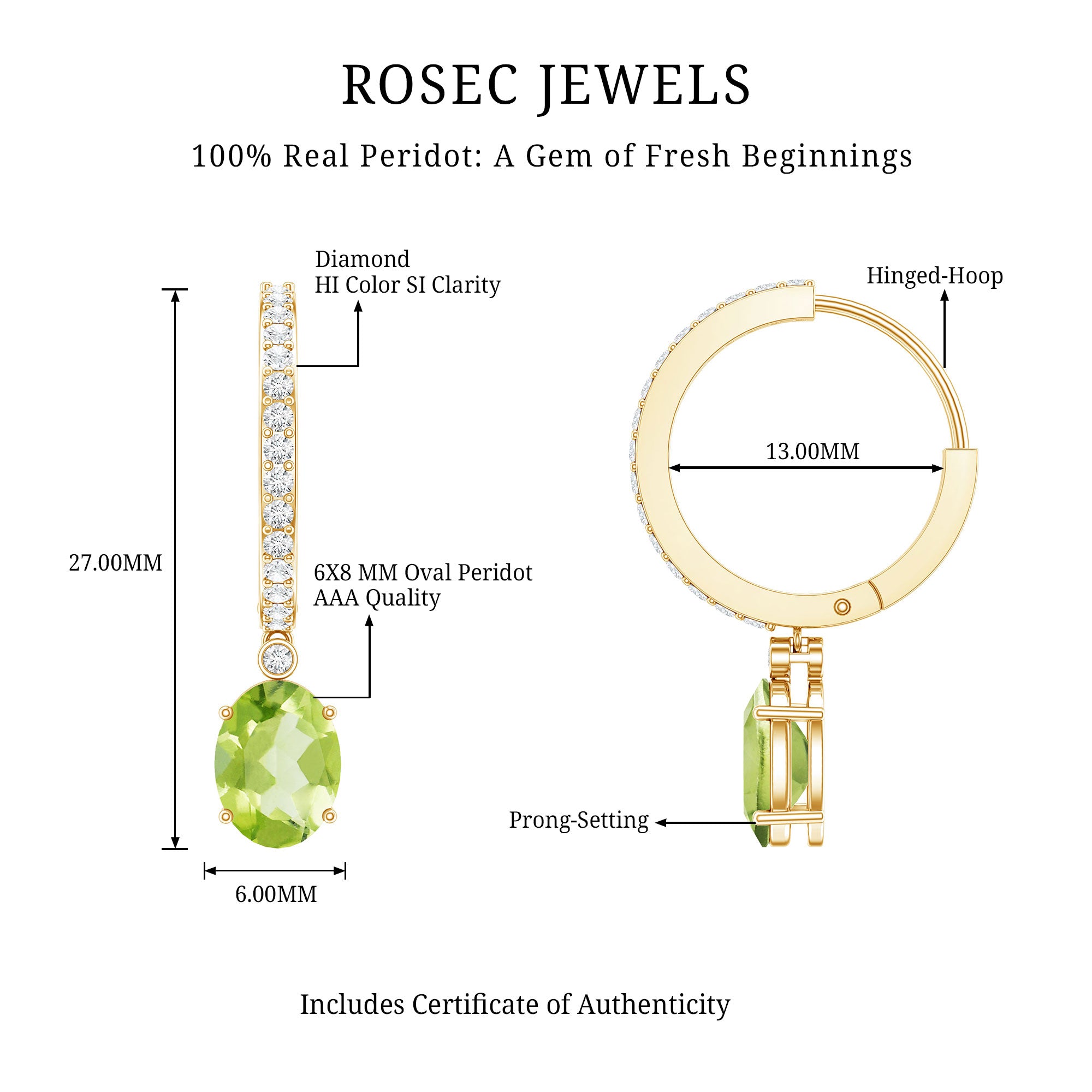 Natural 2.2 Carat Peridot Drop Hoop Earrings with Diamond AAA - Rosec Jewels