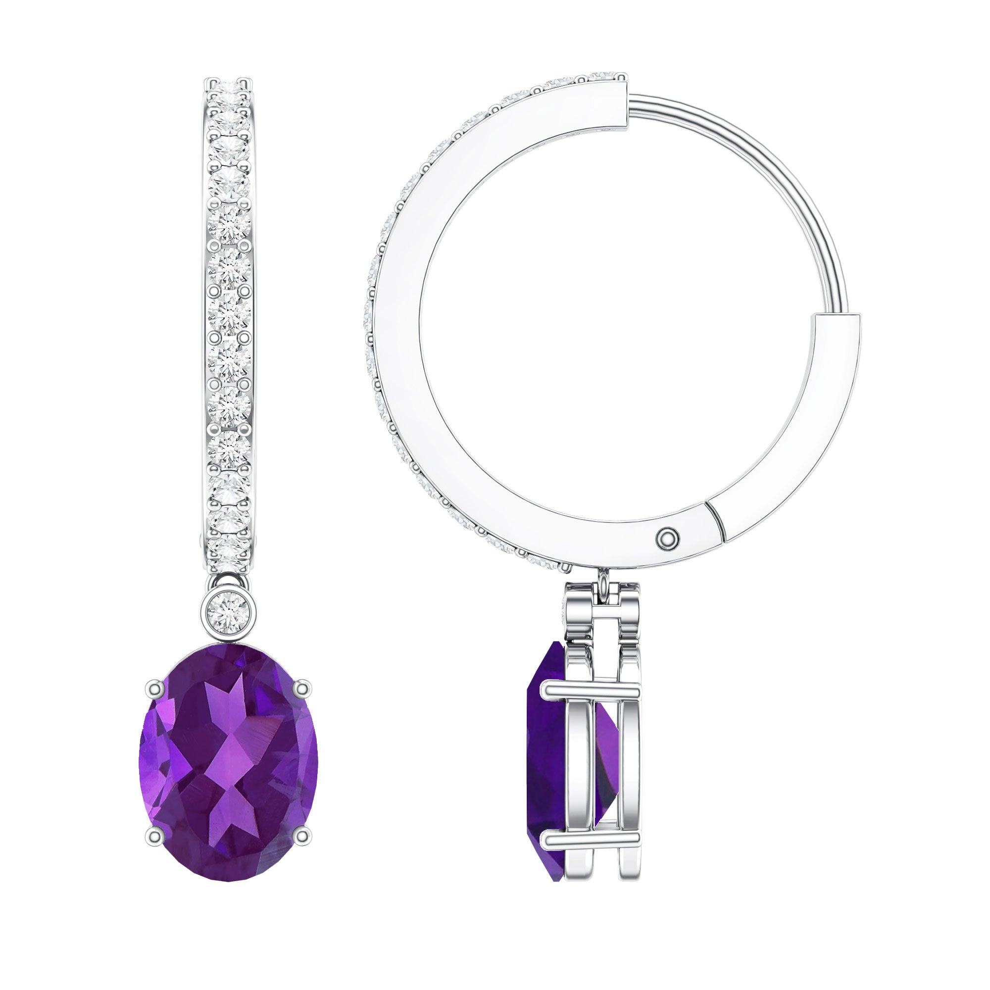 Real 2.2 Carat Oval Amethyst Diamond Hoop Earrings With Diamonds AAA - Rosec Jewels