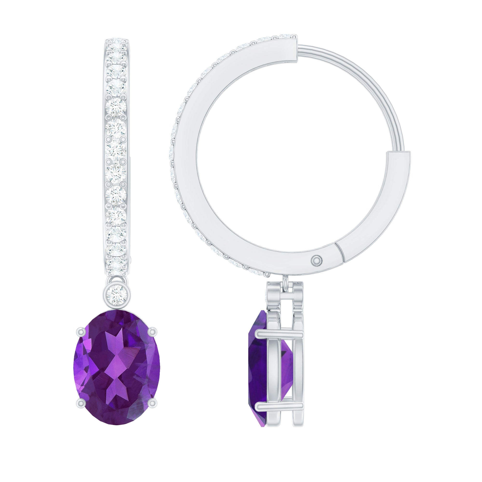 Real 6X8mm Oval Amethyst Diamond Hoop Earrings With Diamonds