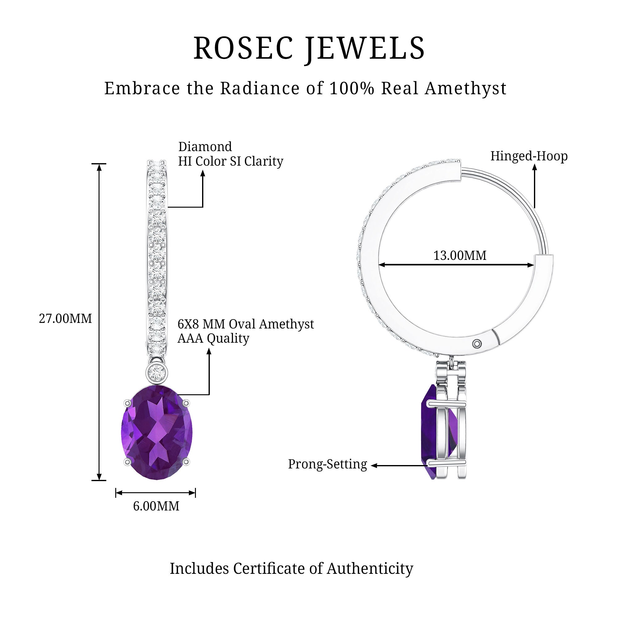 Real 2.2 Carat Oval Amethyst Diamond Hoop Earrings With Diamonds AAA - Rosec Jewels