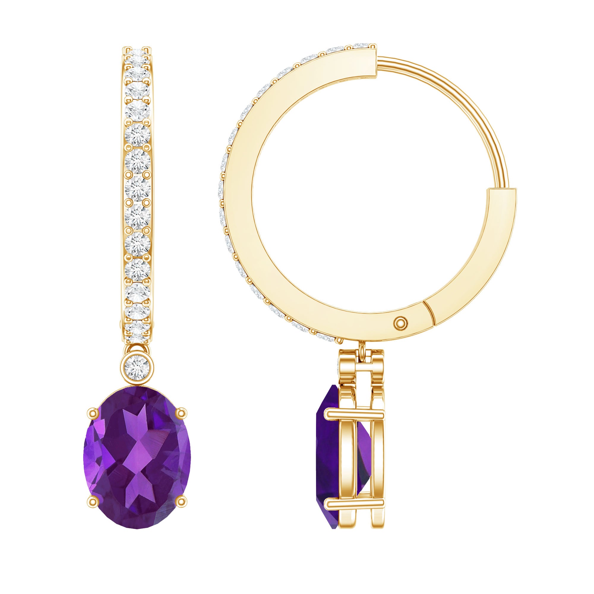 Real 2.2 Carat Oval Amethyst Diamond Hoop Earrings With Diamonds AAA - Rosec Jewels