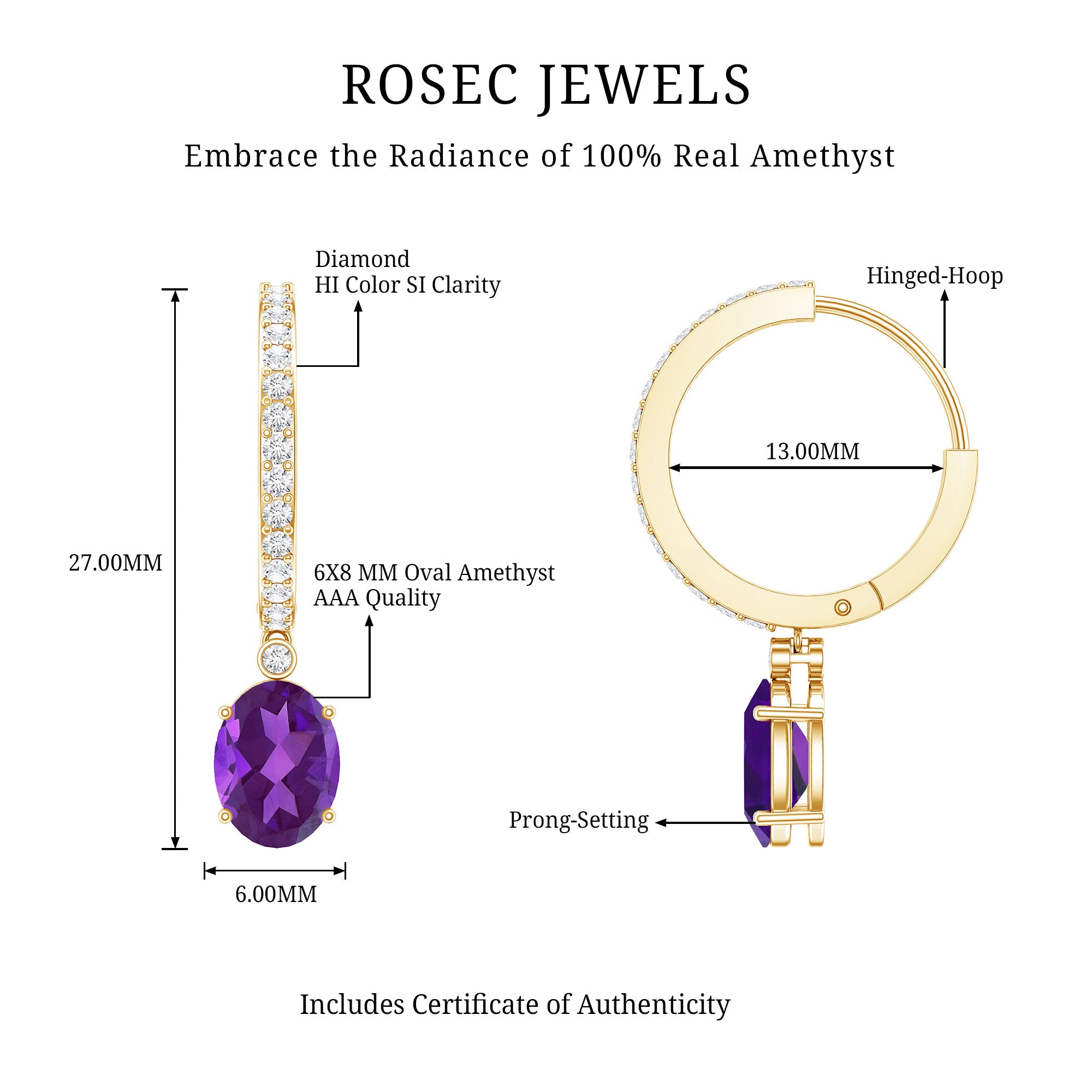 Real 2.2 Carat Oval Amethyst Diamond Hoop Earrings With Diamonds AAA - Rosec Jewels