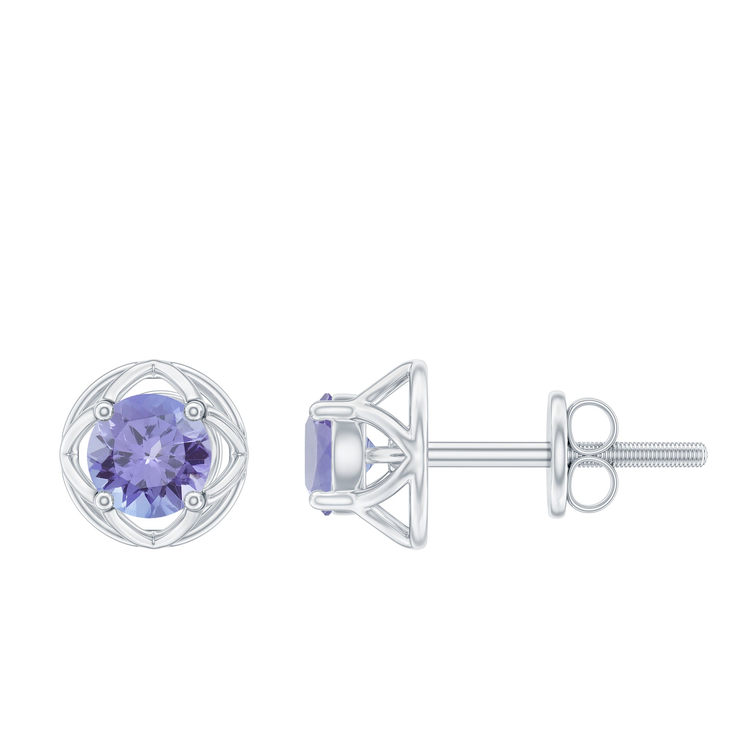 Round Tanzanite Solitaire Flower Stud Earrings