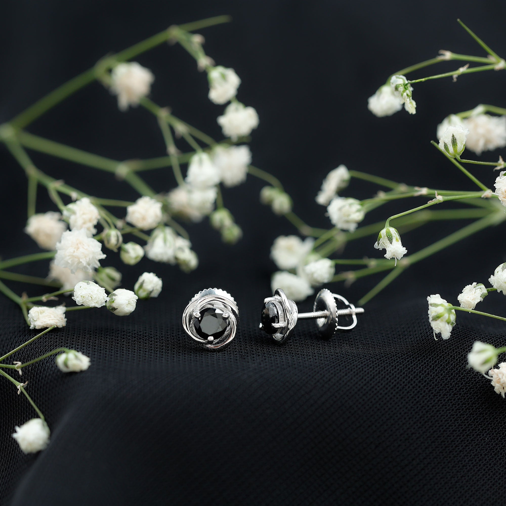 1 Carat Black Spinel Swirl Stud Earrings with Screw Backs AAA - Rosec Jewels
