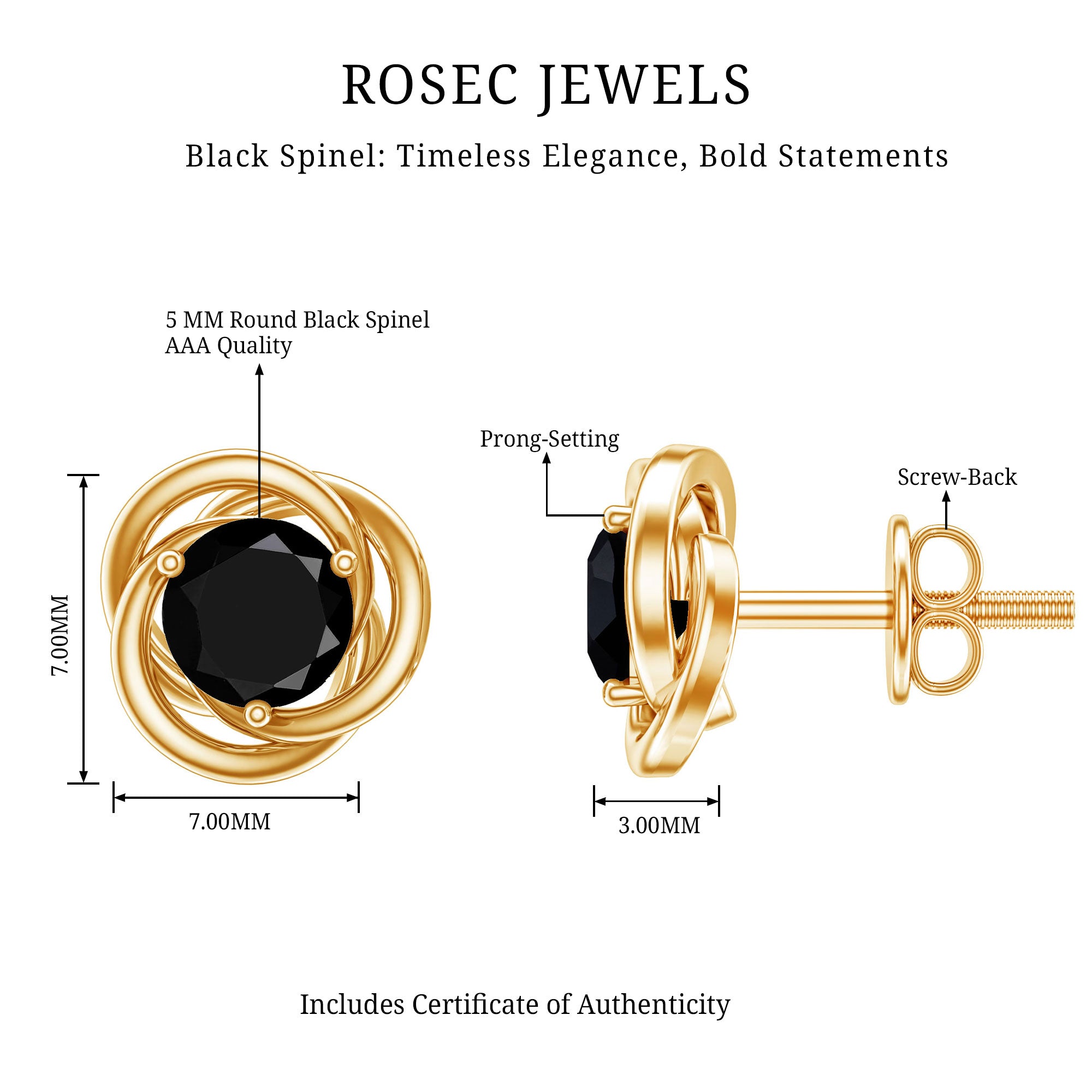 0.9 Carat Black Spinel Swirl Stud Earrings with Screw Backs AAA - Rosec Jewels