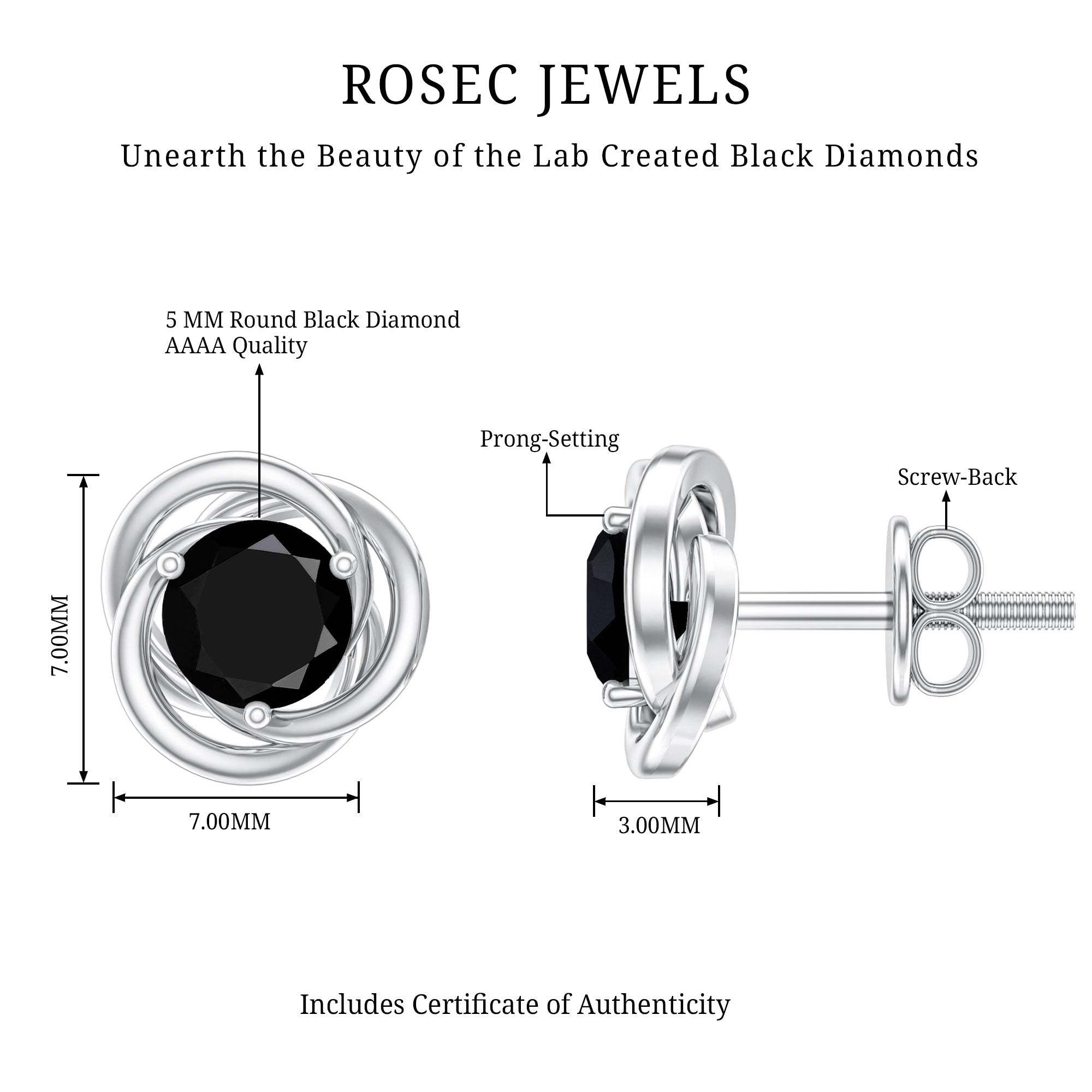 Solitaire Lab Created Black Diamond Swirl Stud Earrings AAAA ( Synthetic ) - Rosec Jewels