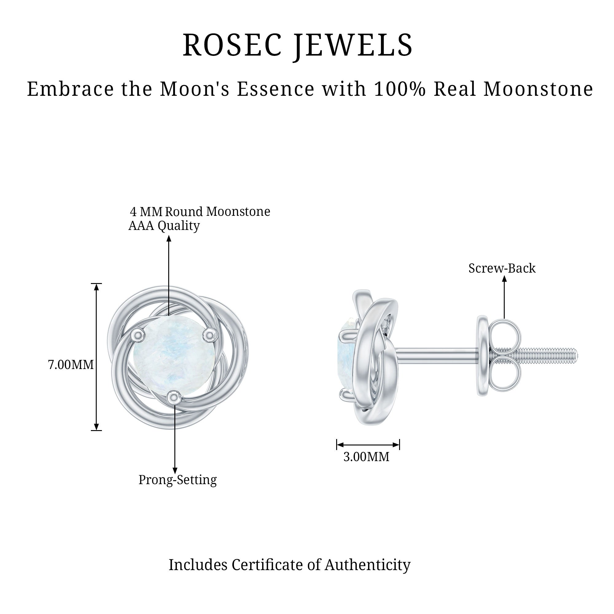 Solitaire Moonstone Swirl Stud Earrings with Certificate AAA - Rosec Jewels