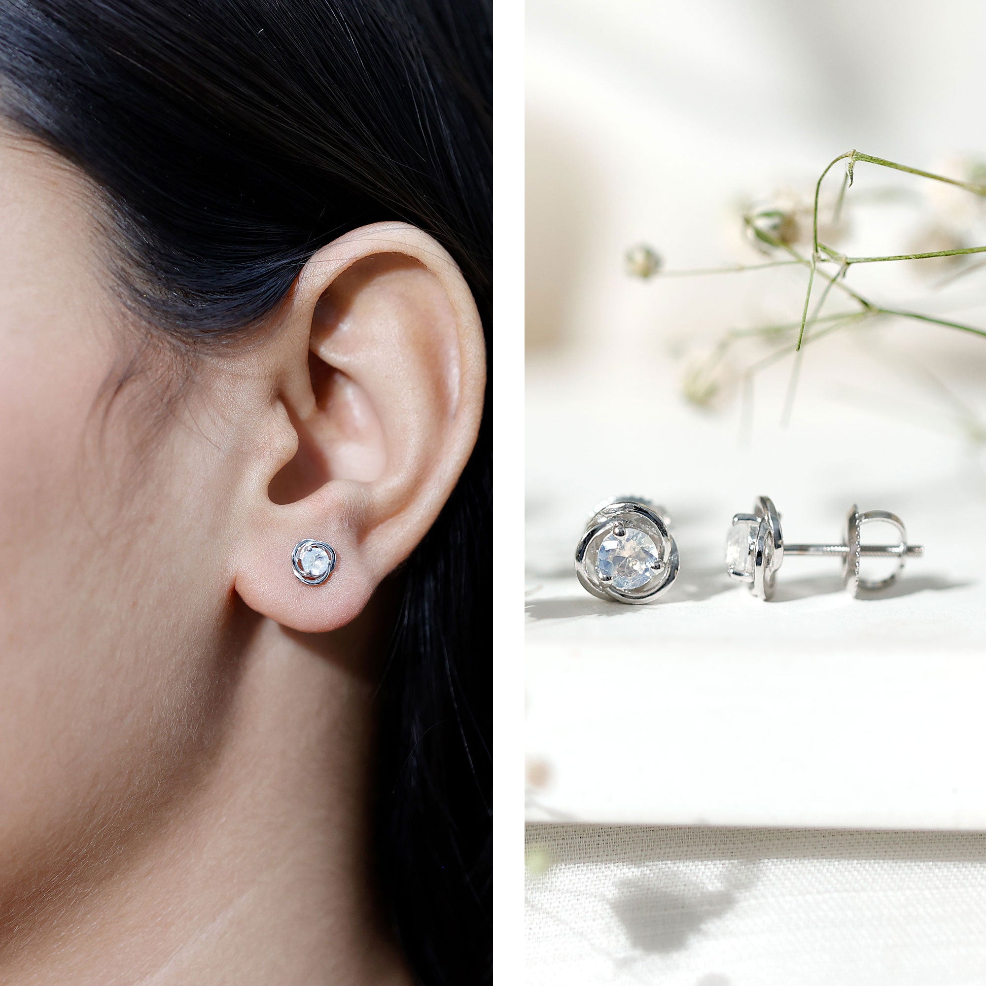 Solitaire Moonstone Swirl Stud Earrings with Certificate AAA - Rosec Jewels