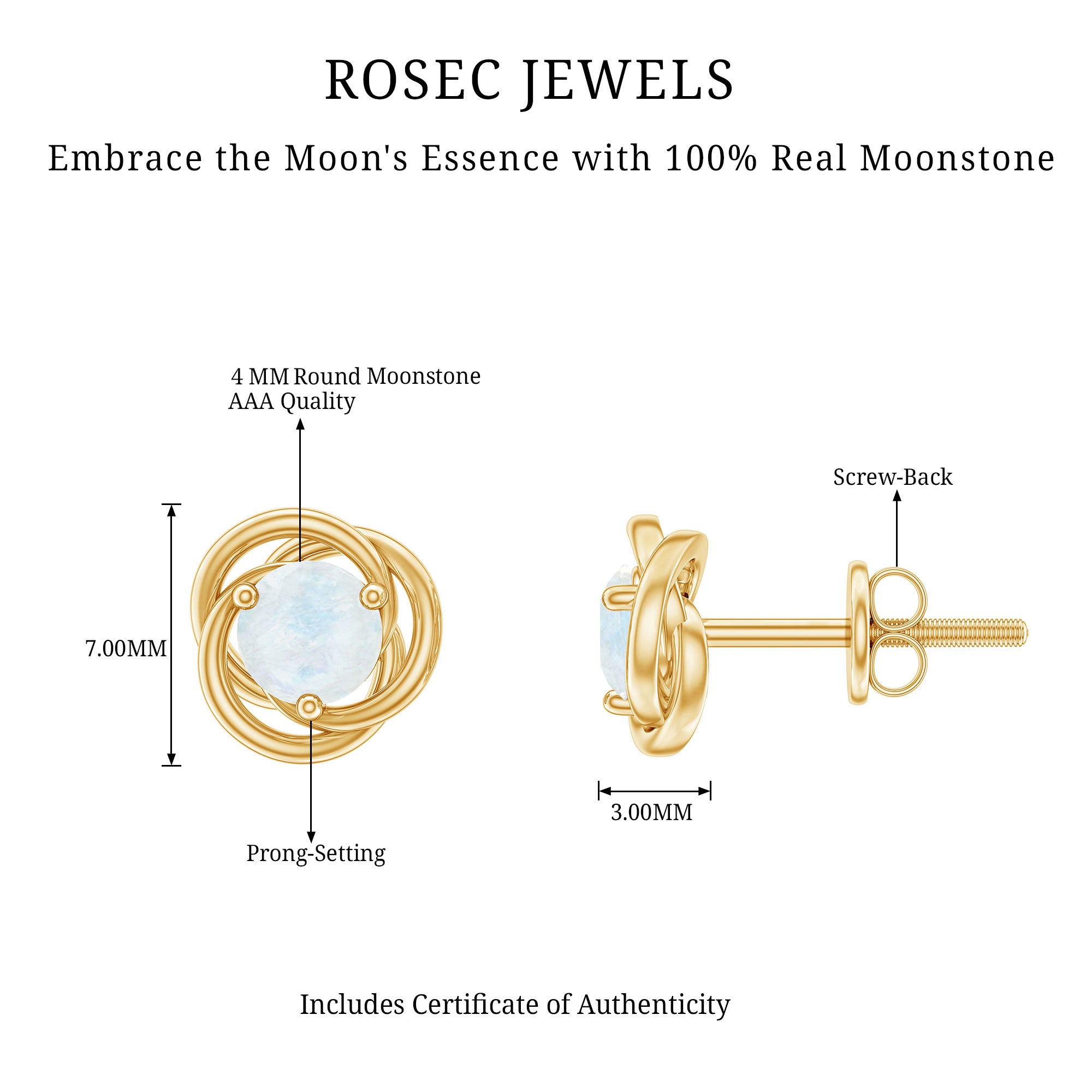 Solitaire Moonstone Swirl Stud Earrings with Certificate AAA - Rosec Jewels