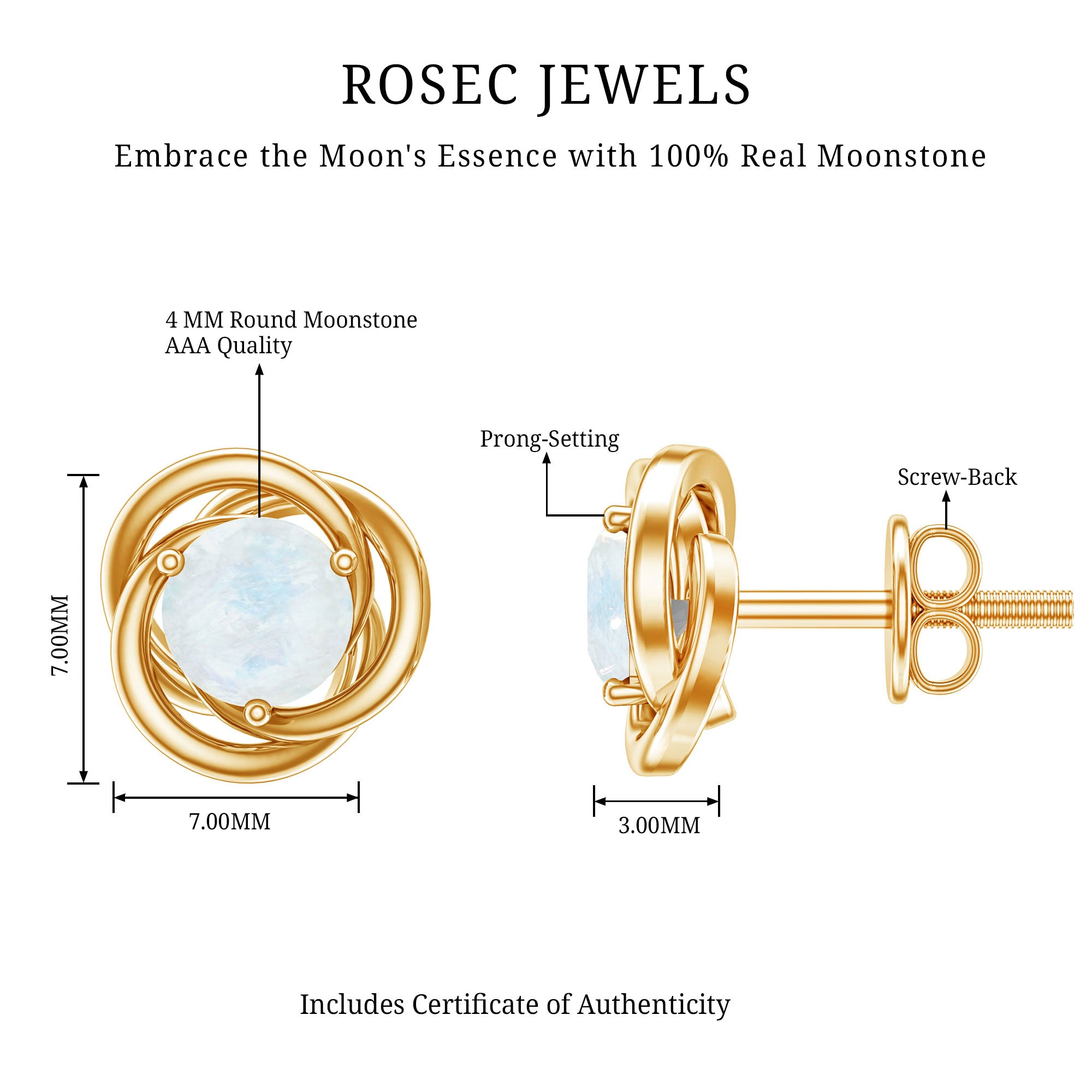 Solitaire Moonstone Swirl Stud Earrings with Certificate AAA - Rosec Jewels