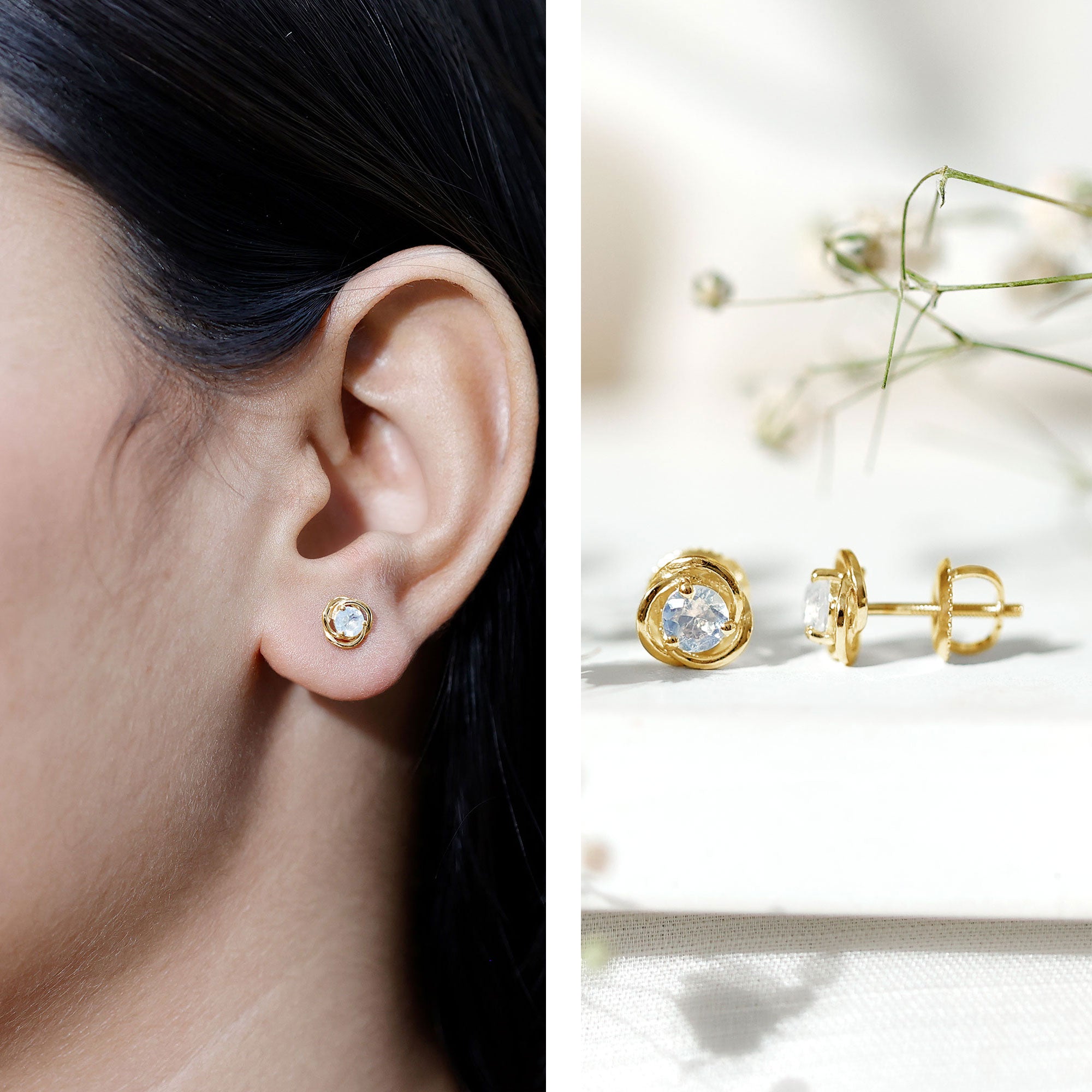 Solitaire Moonstone Swirl Stud Earrings with Certificate AAA - Rosec Jewels