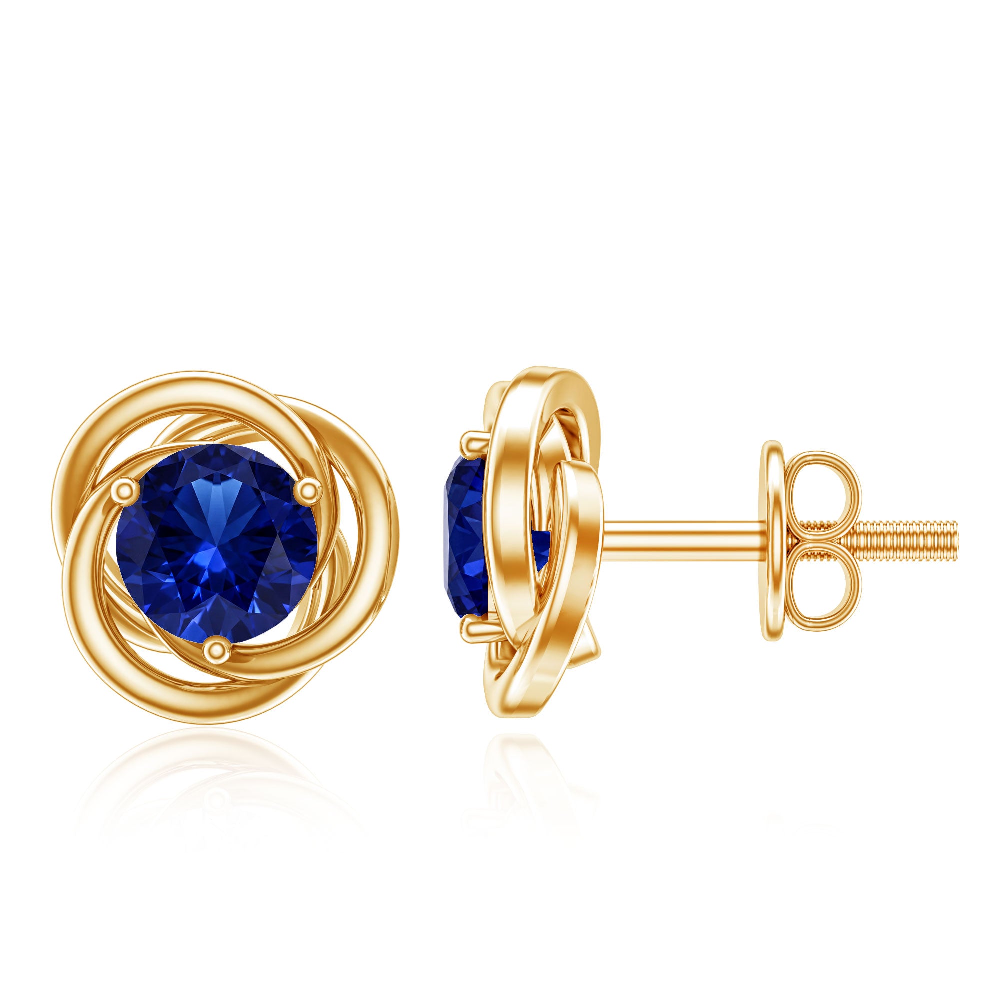 Created Blue Sapphire Solitaire Swirl Stud Earrings AAAA - Rosec Jewels
