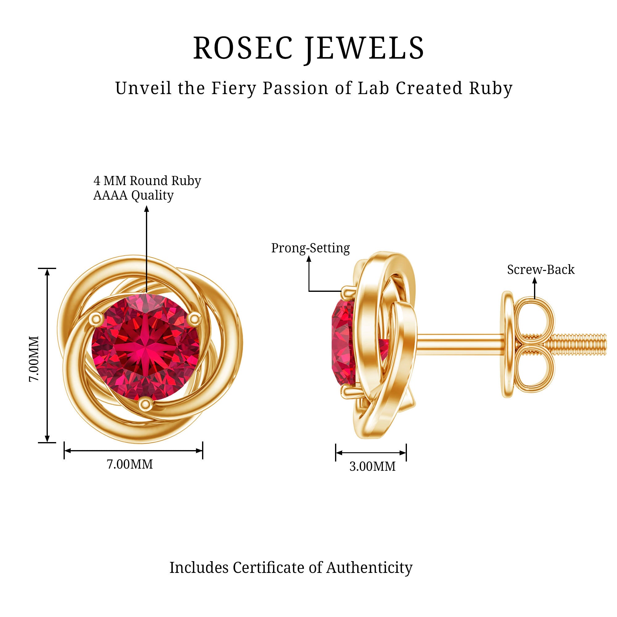 Lab Created Ruby Swirl Stud Earrings with Screw Back AAAA - Rosec Jewels