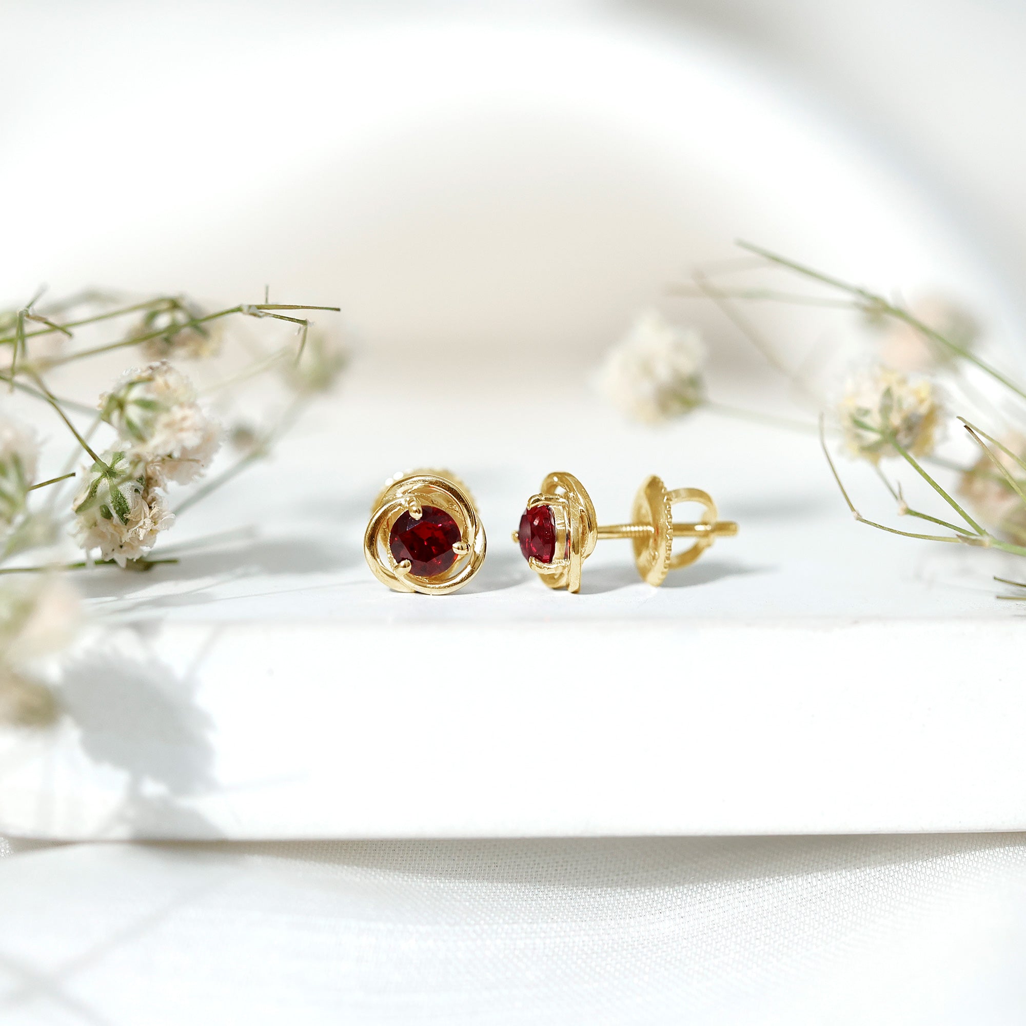 Lab Created Ruby Swirl Stud Earrings with Screw Back AAAA - Rosec Jewels