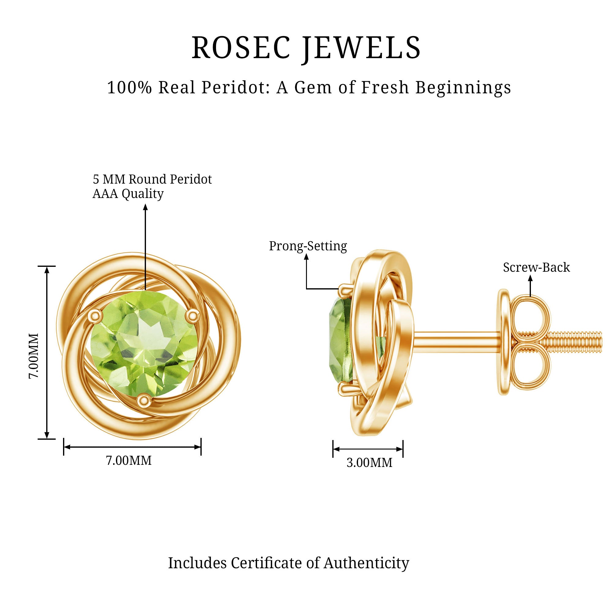 1 Carat Round Cut Peridot Swirl Stud Earrings AAA - Rosec Jewels
