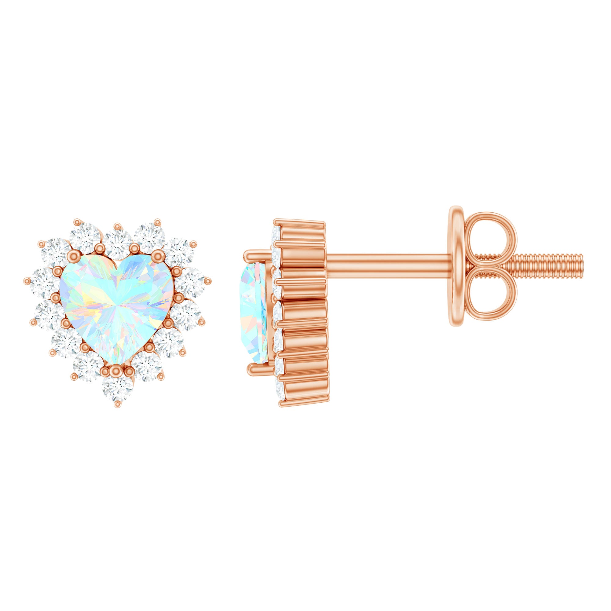 1.5 Carat Natural Ethiopian Opal Heart Earrings with Diamond Halo AAA - Rosec Jewels