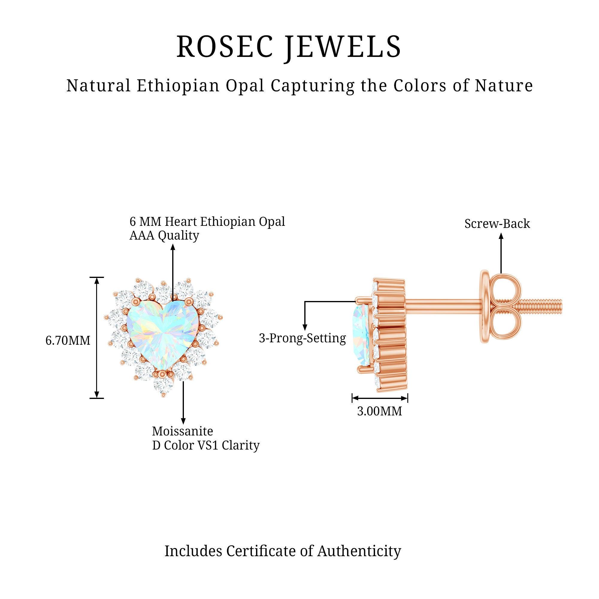 1.5 Carat Natural Ethiopian Opal Heart Earrings with Diamond Halo AAA - Rosec Jewels