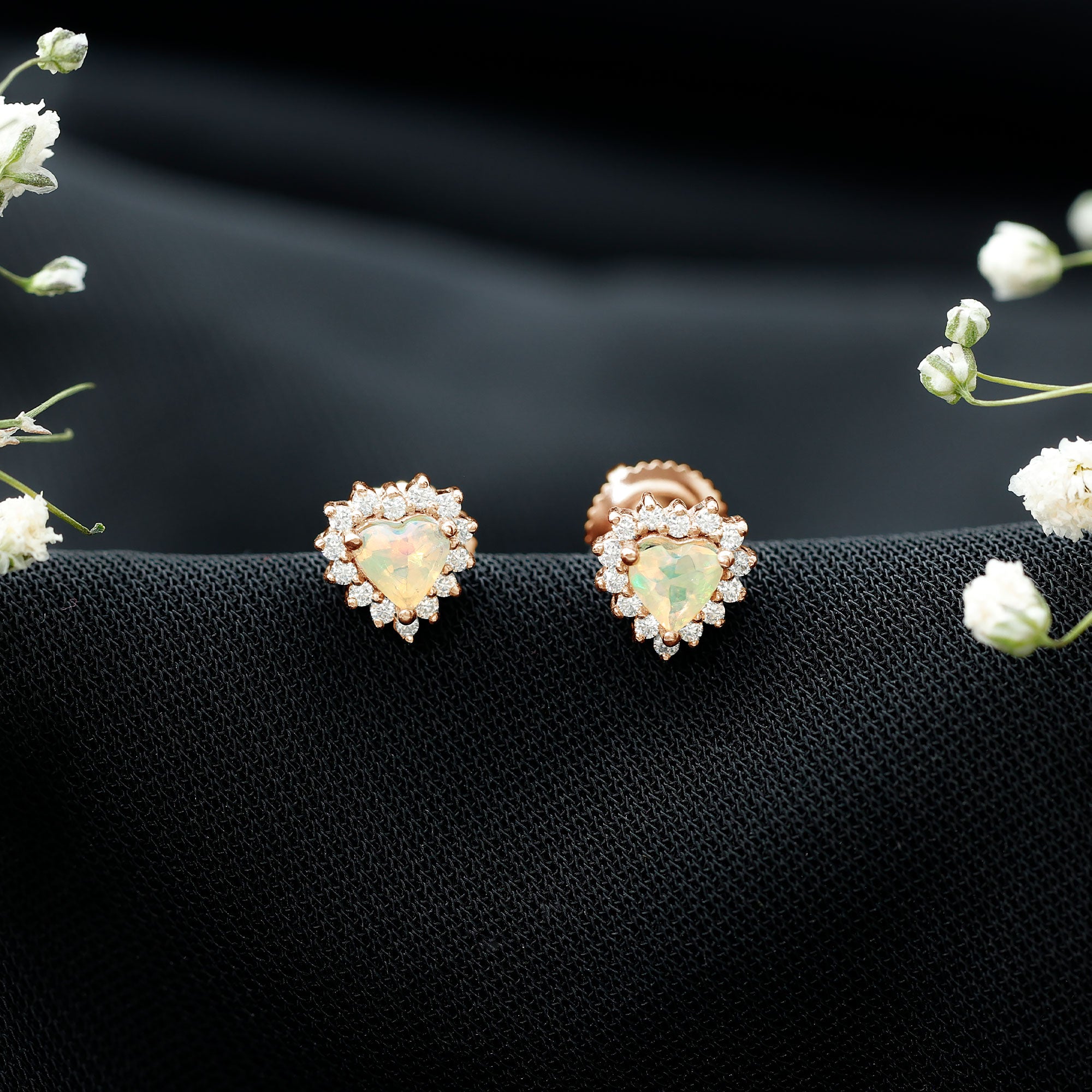 1.5 Carat Natural Ethiopian Opal Heart Earrings with Diamond Halo AAA - Rosec Jewels