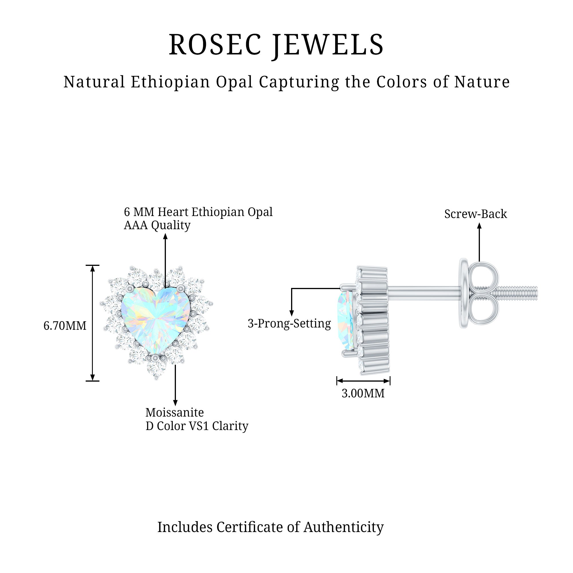 1.5 Carat Natural Ethiopian Opal Heart Earrings with Diamond Halo AAA - Rosec Jewels