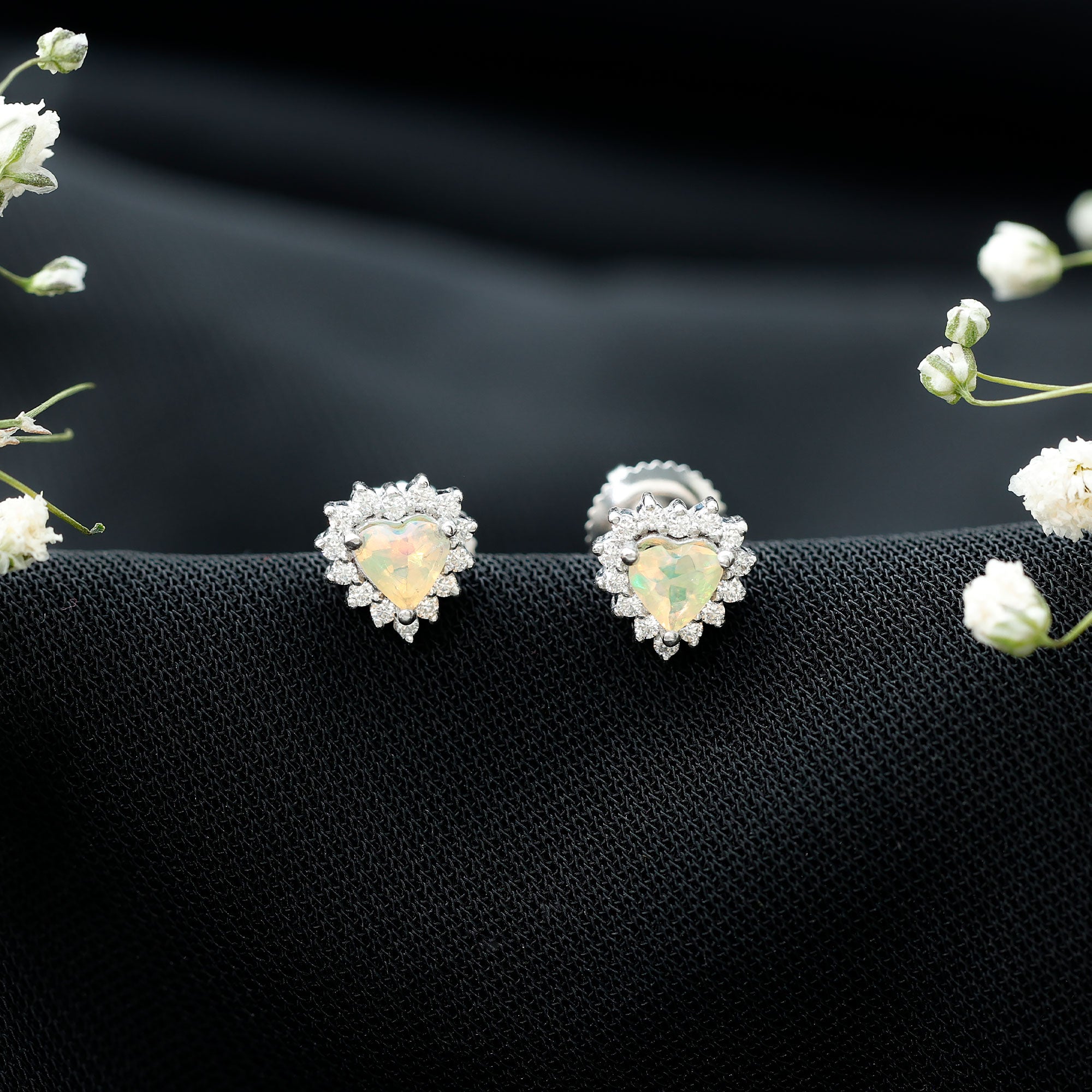 1.5 Carat Natural Ethiopian Opal Heart Earrings with Diamond Halo AAA - Rosec Jewels