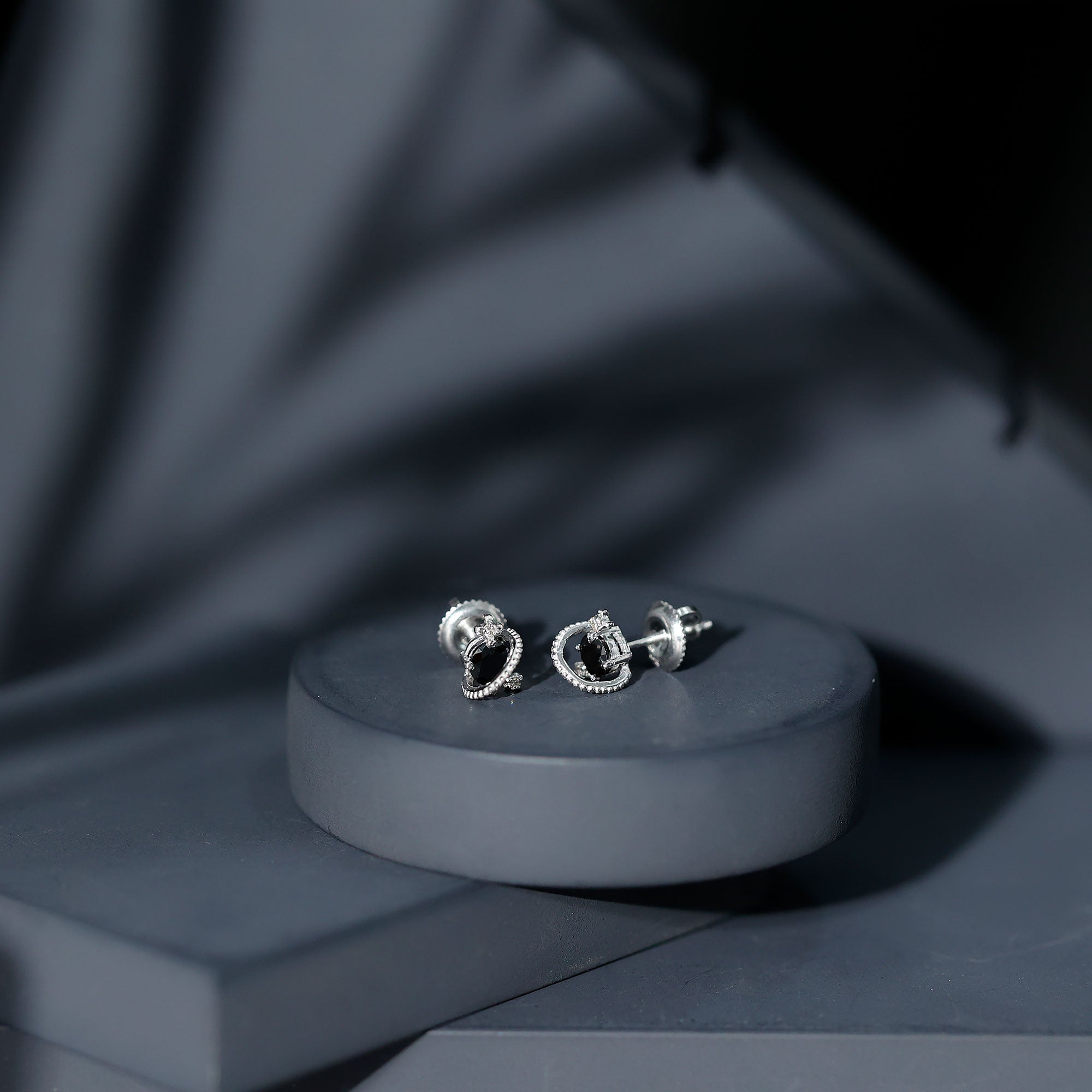 Lab Created Black and White Diamond Unique Stud Earrings AAAA ( Synthetic ) - Rosec Jewels
