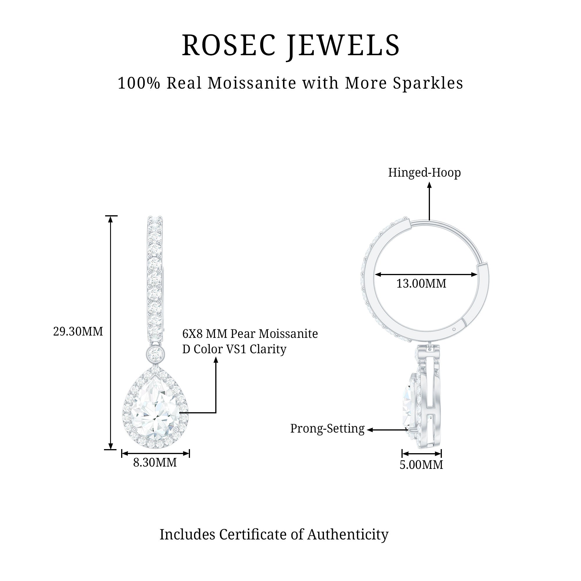 Certified Moissanite Teardrop Earrings with Hinged Hoop D-VS1 - Rosec Jewels