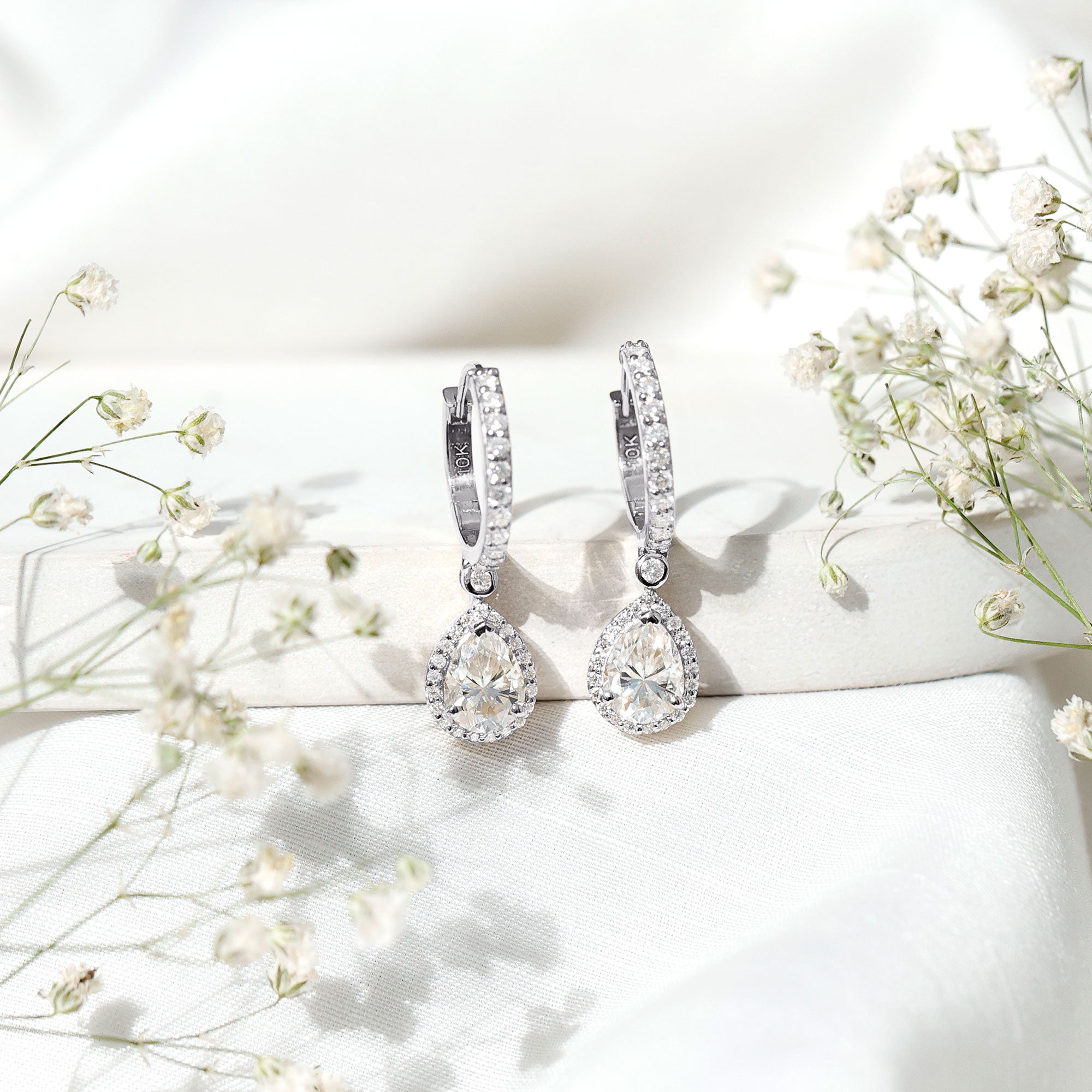 Certified Moissanite Teardrop Earrings with Hinged Hoop D-VS1 - Rosec Jewels
