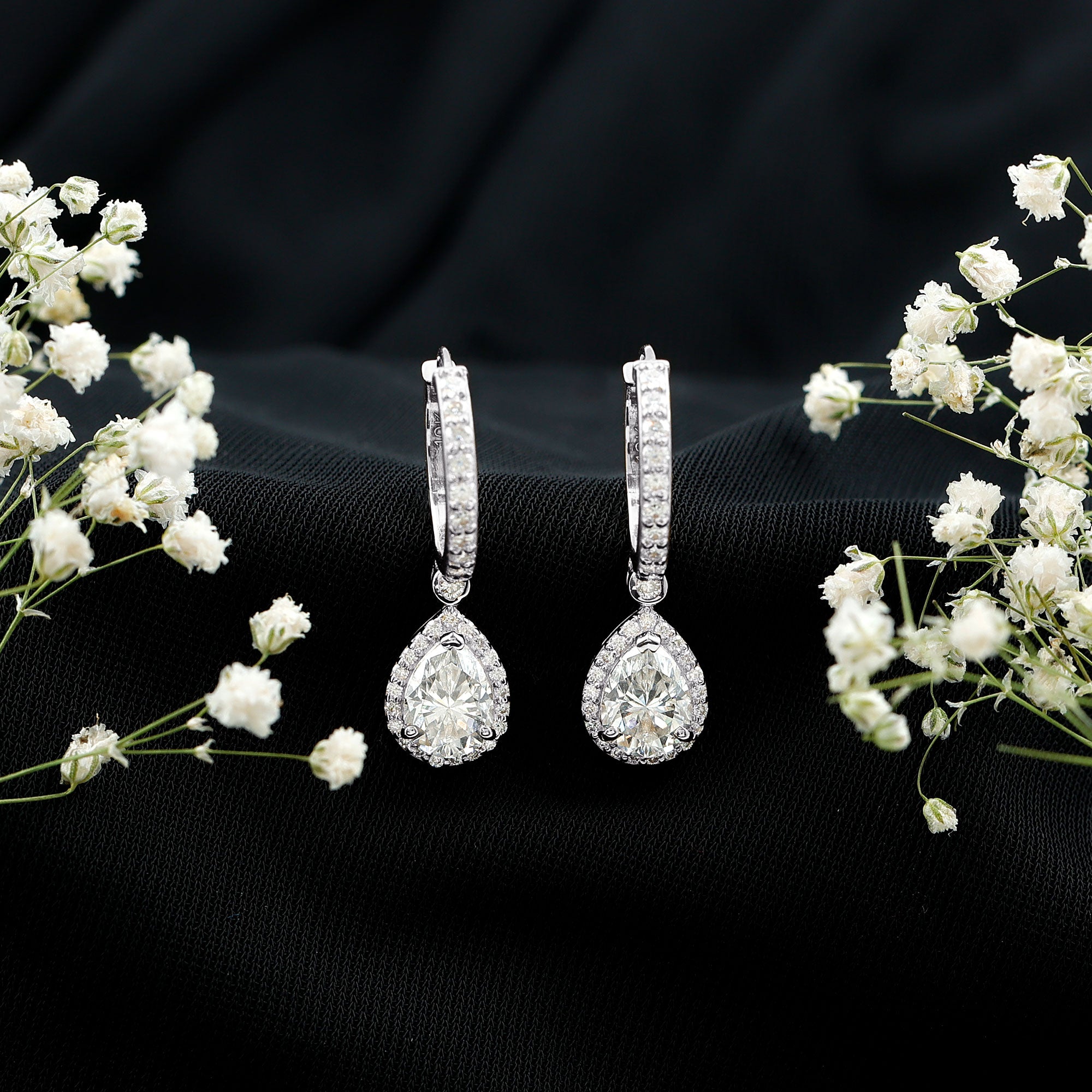Certified Moissanite Teardrop Earrings with Hinged Hoop D-VS1 - Rosec Jewels
