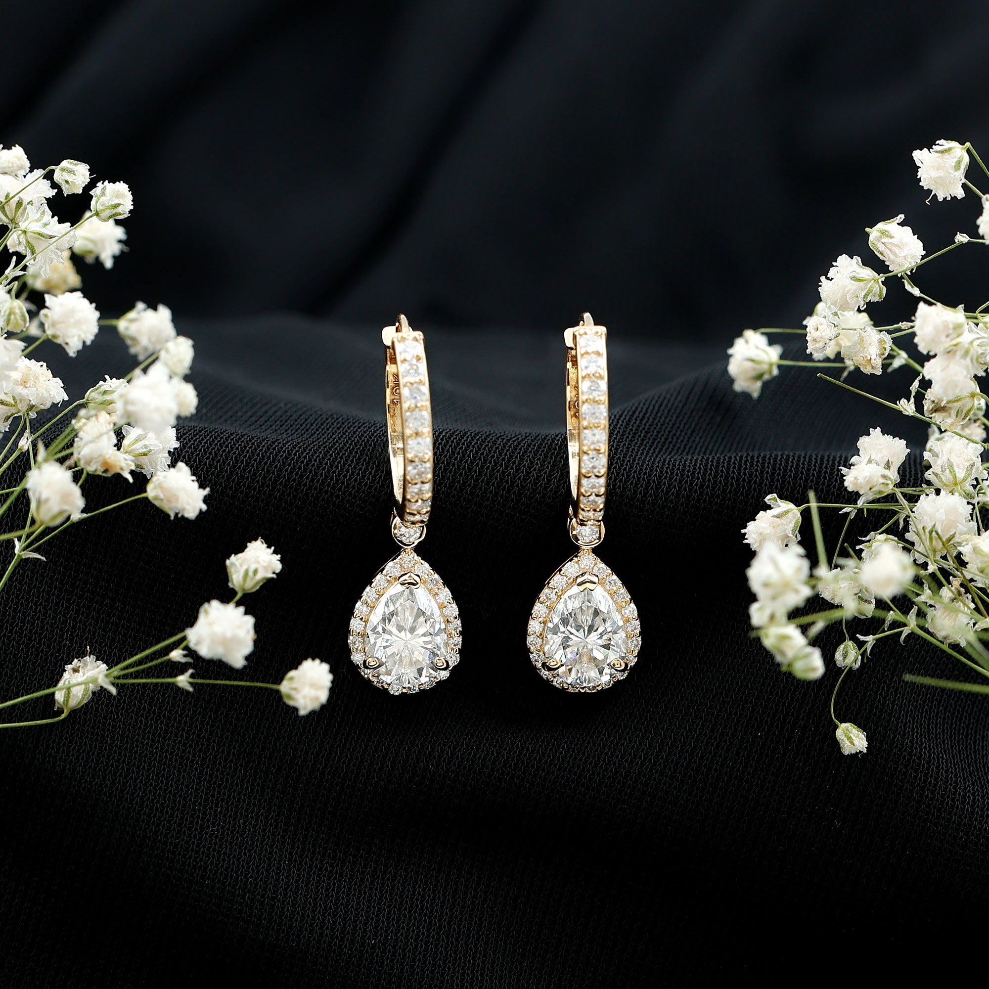 Certified Moissanite Teardrop Earrings with Hinged Hoop D-VS1 - Rosec Jewels