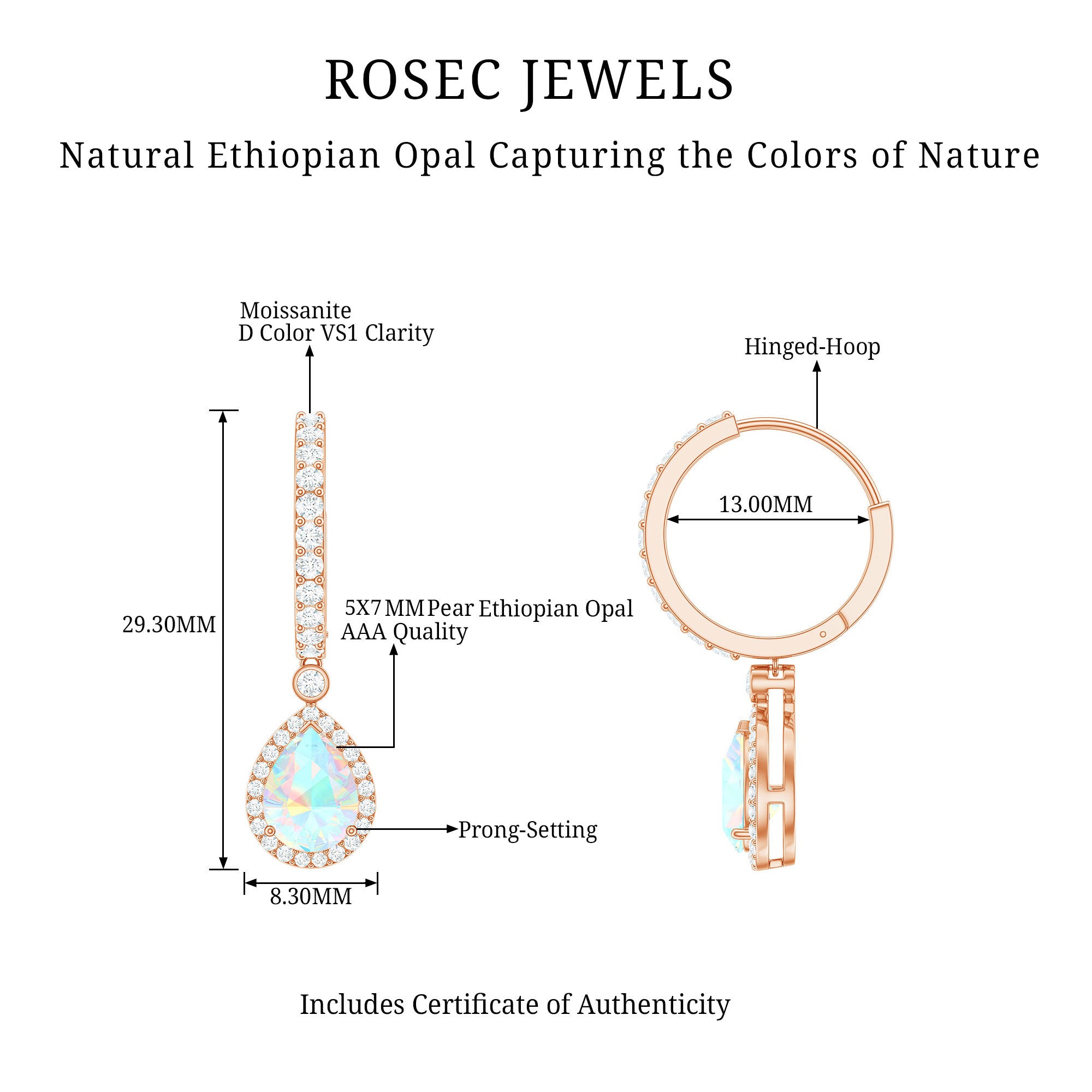 Real 1.4 Carat Ethiopian Opal Teardrop Hoop Earrings with Certificate AAA - Rosec Jewels
