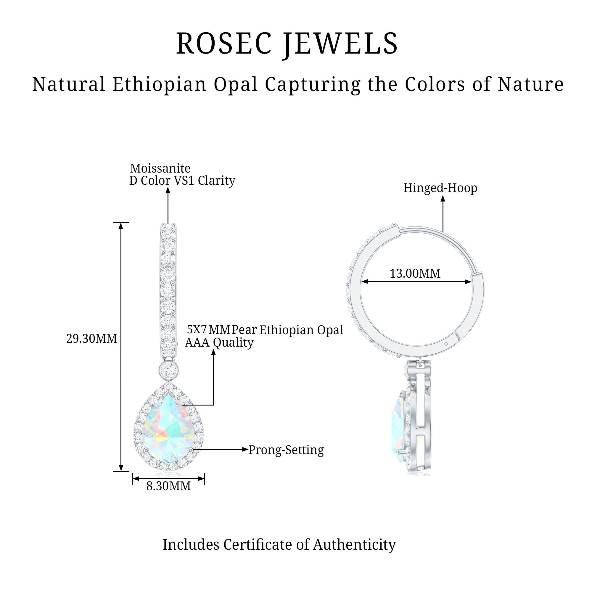 Real 1.4 Carat Ethiopian Opal Teardrop Hoop Earrings with Certificate AAA - Rosec Jewels