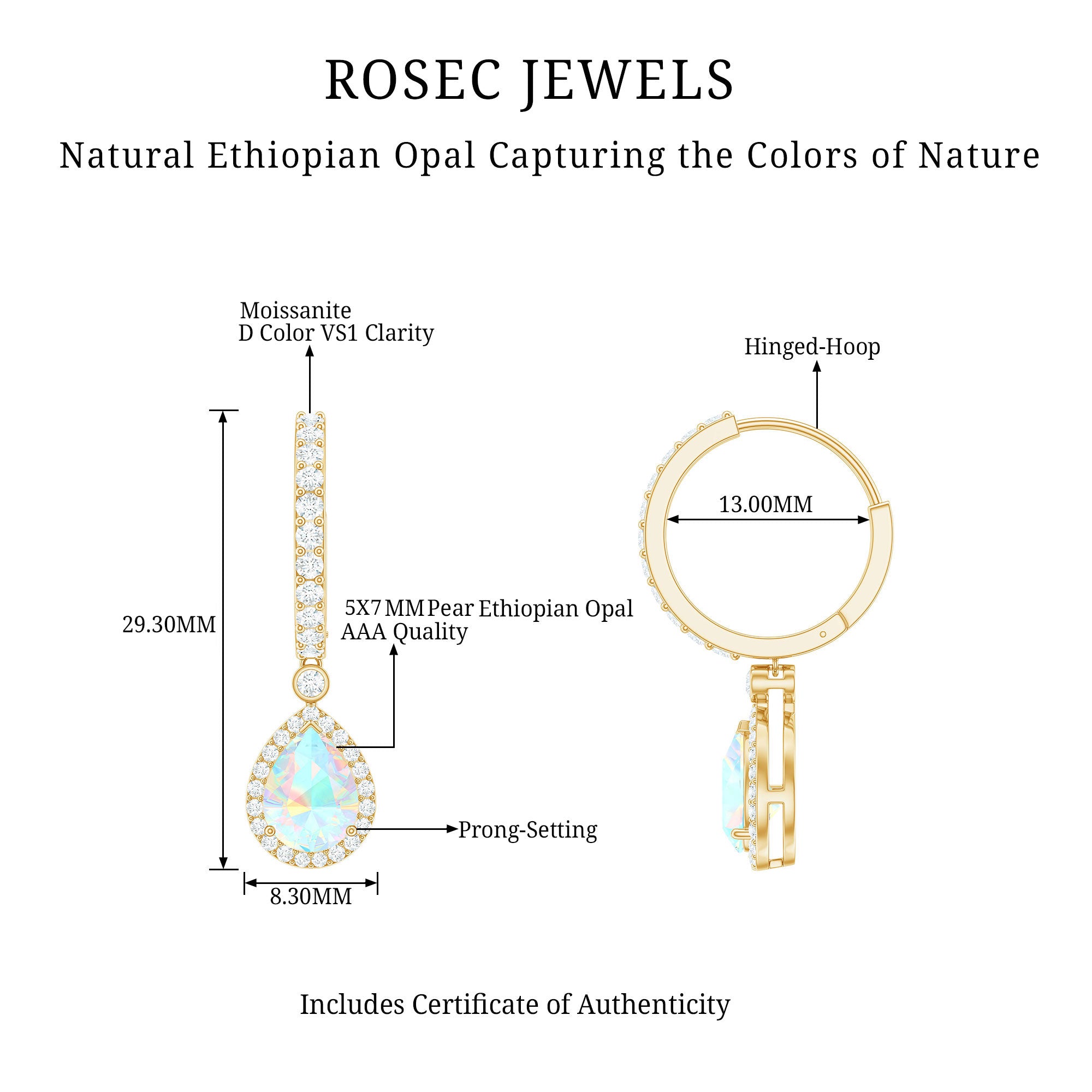 Real 1.4 Carat Ethiopian Opal Teardrop Hoop Earrings with Certificate AAA - Rosec Jewels