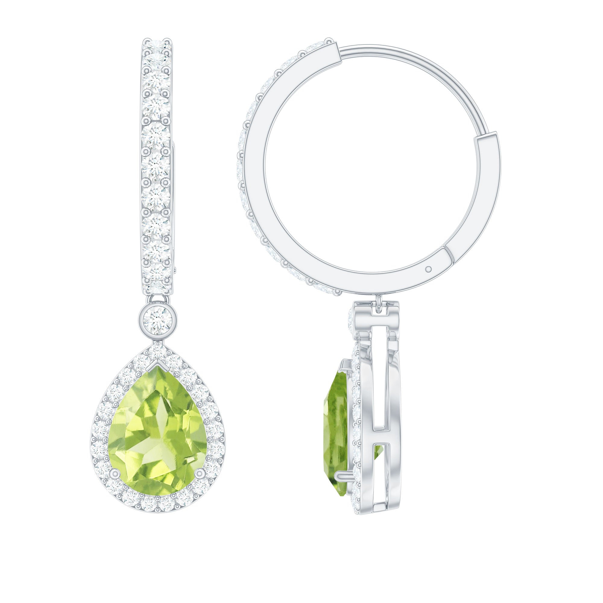 Pear Shape Peridot Hoop Drop Earrings with Moissanite