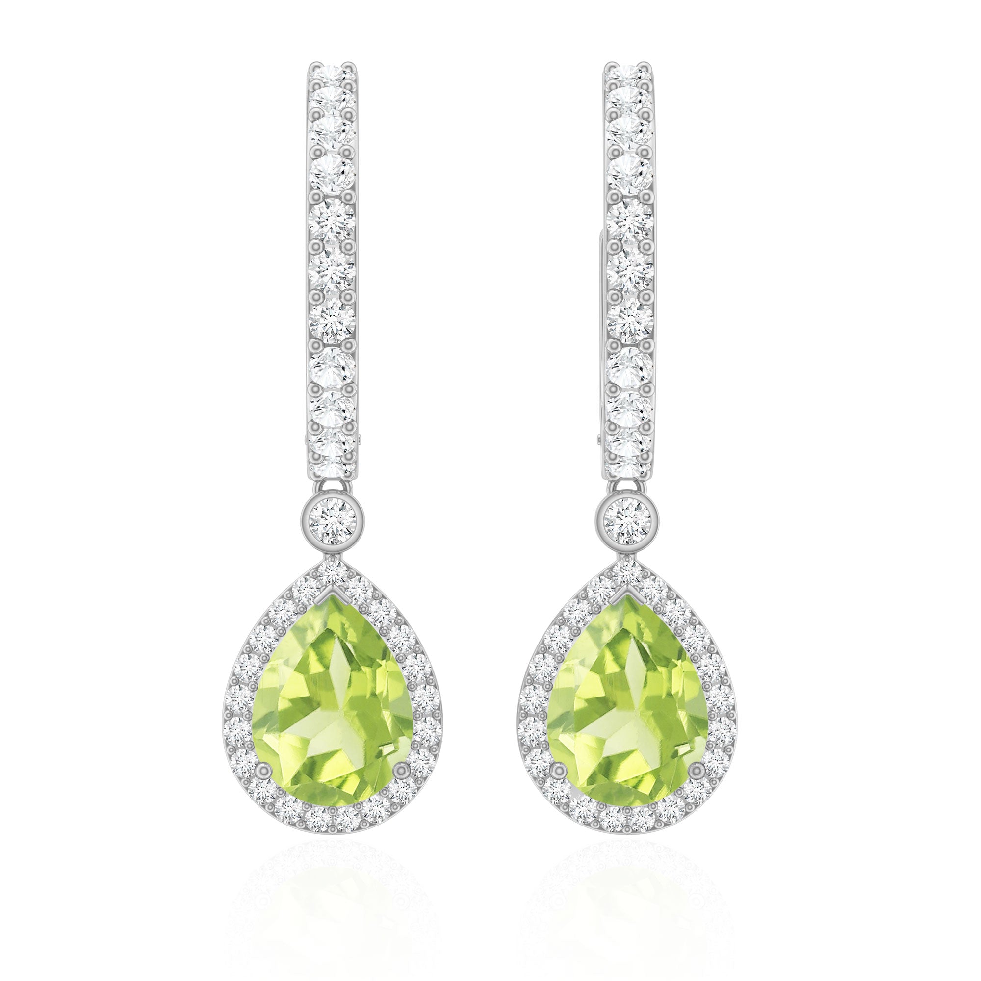 Classic 2 Carat Peridot Teardrop Earrings with Moissanite Hinged Hoop AAA - Rosec Jewels