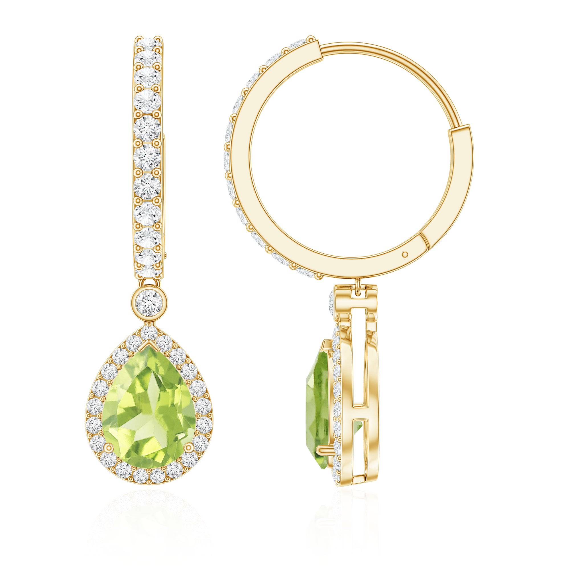 Classic 2 Carat Peridot Teardrop Earrings with Moissanite Hinged Hoop AAA - Rosec Jewels