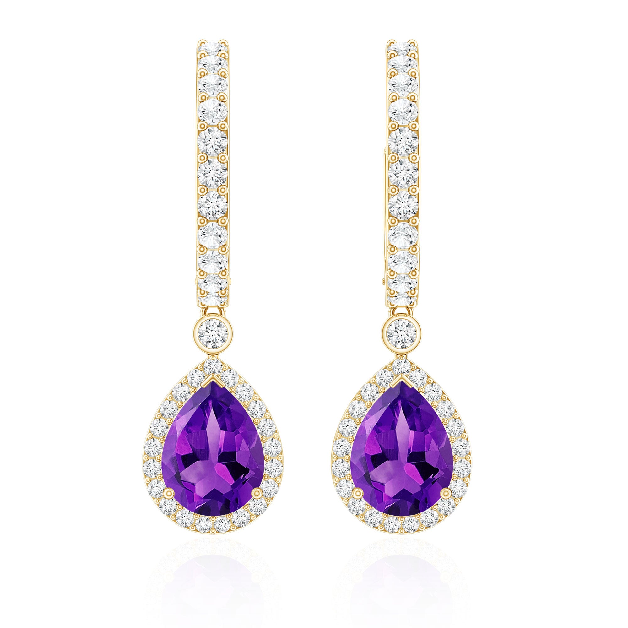 Natural Amethyst Teardrop Earrings with Moissanite Hinged Hoop AAA - Rosec Jewels