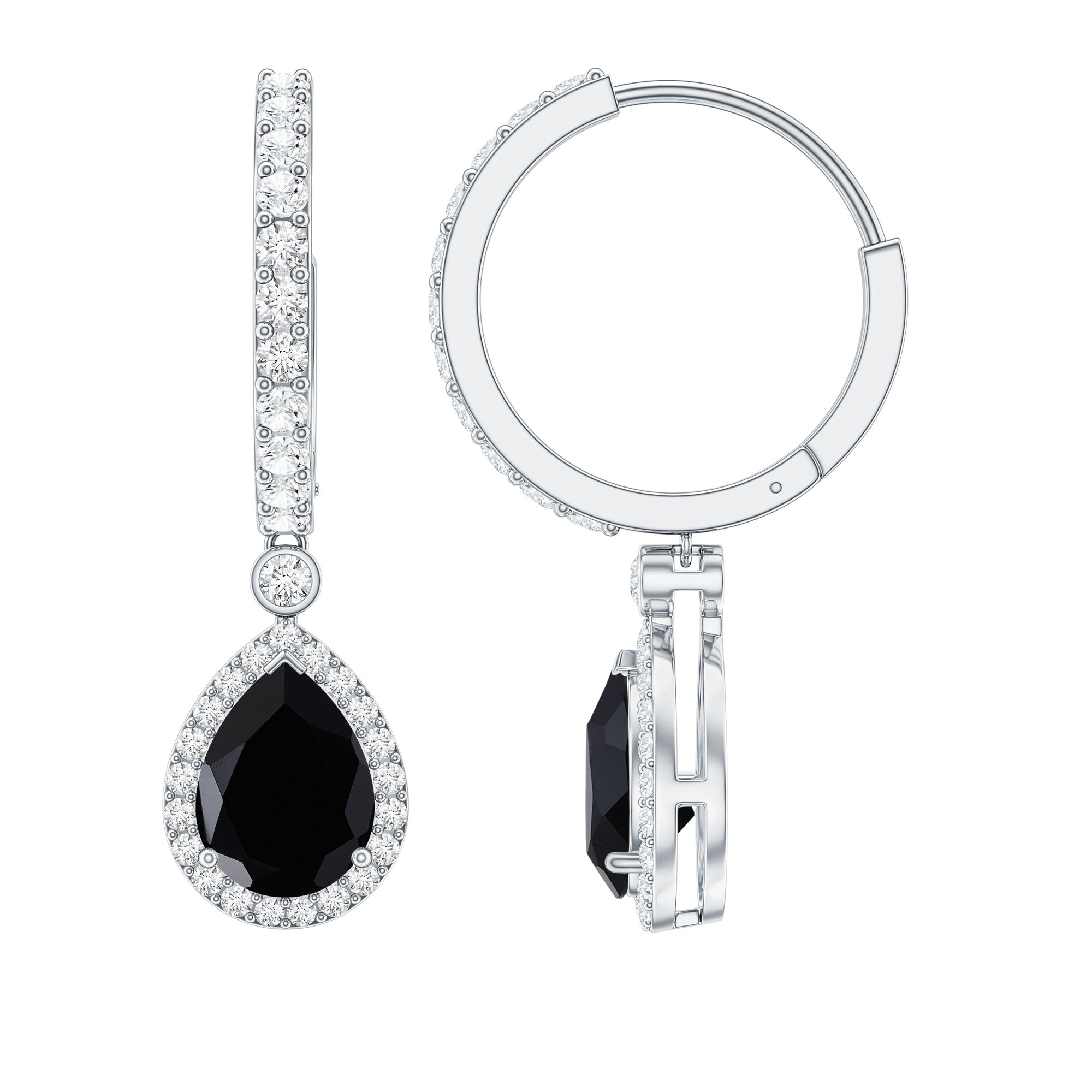 Natural Pear Shape Black Onyx Hoop Drop Earrings AAA - Rosec Jewels