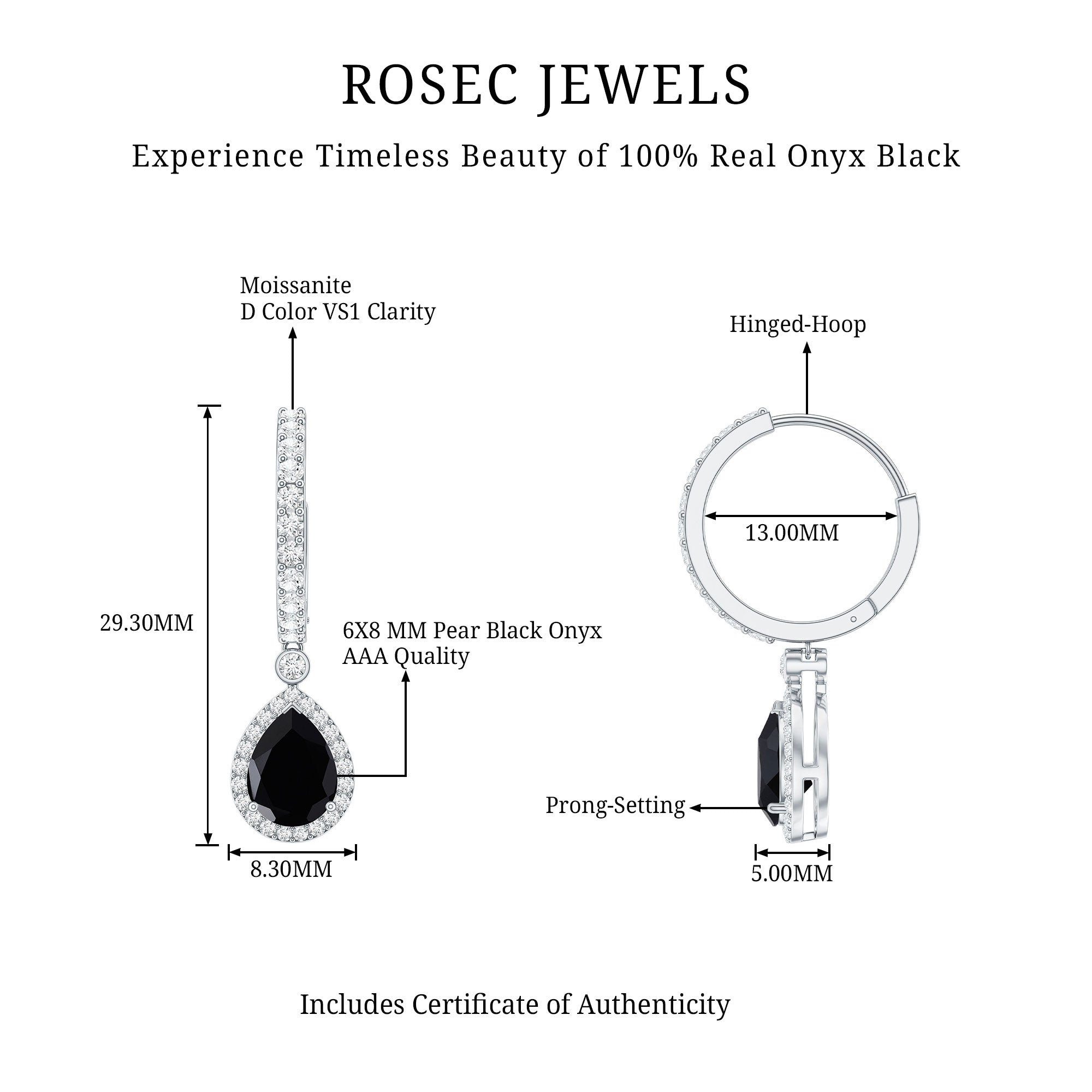 Natural Pear Shape Black Onyx Hoop Drop Earrings AAA - Rosec Jewels
