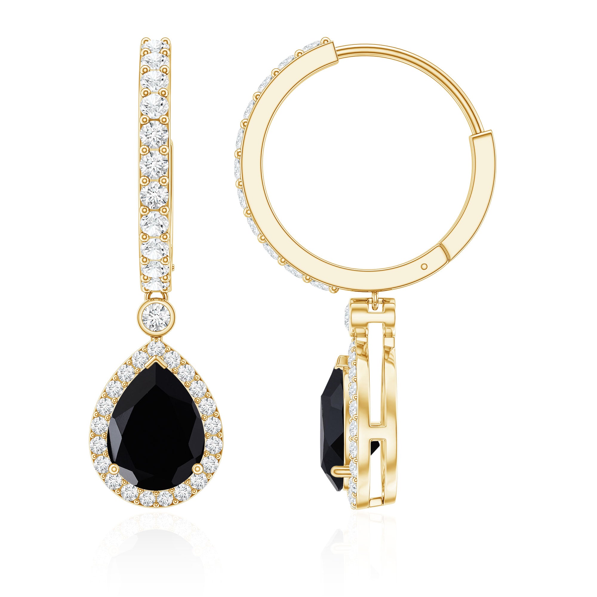 Natural Pear Shape Black Onyx Hoop Drop Earrings AAA - Rosec Jewels