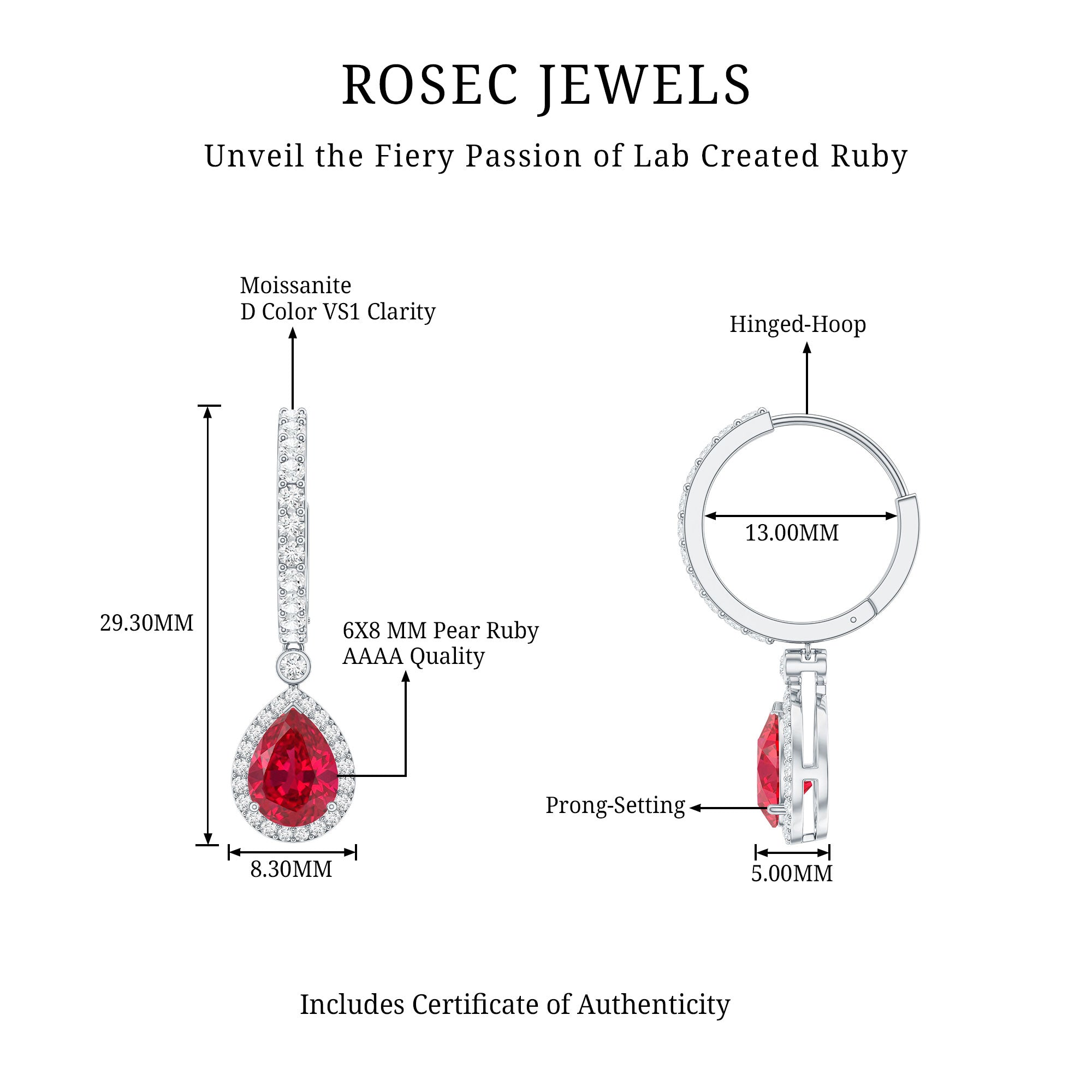 Lab Created Ruby and Moissanite Teardrop Hoop Earrings AAAA - Rosec Jewels