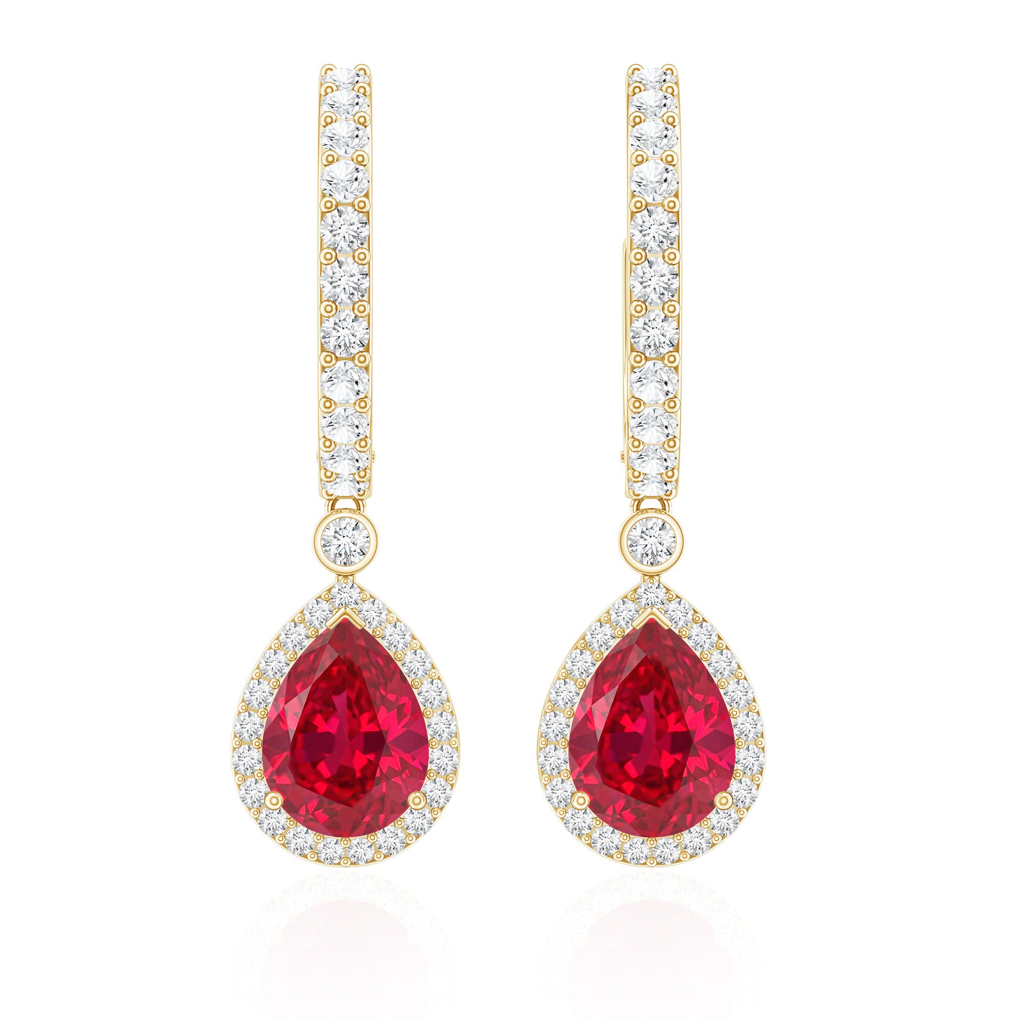 Lab Created Ruby and Moissanite Teardrop Hoop Earrings AAAA - Rosec Jewels
