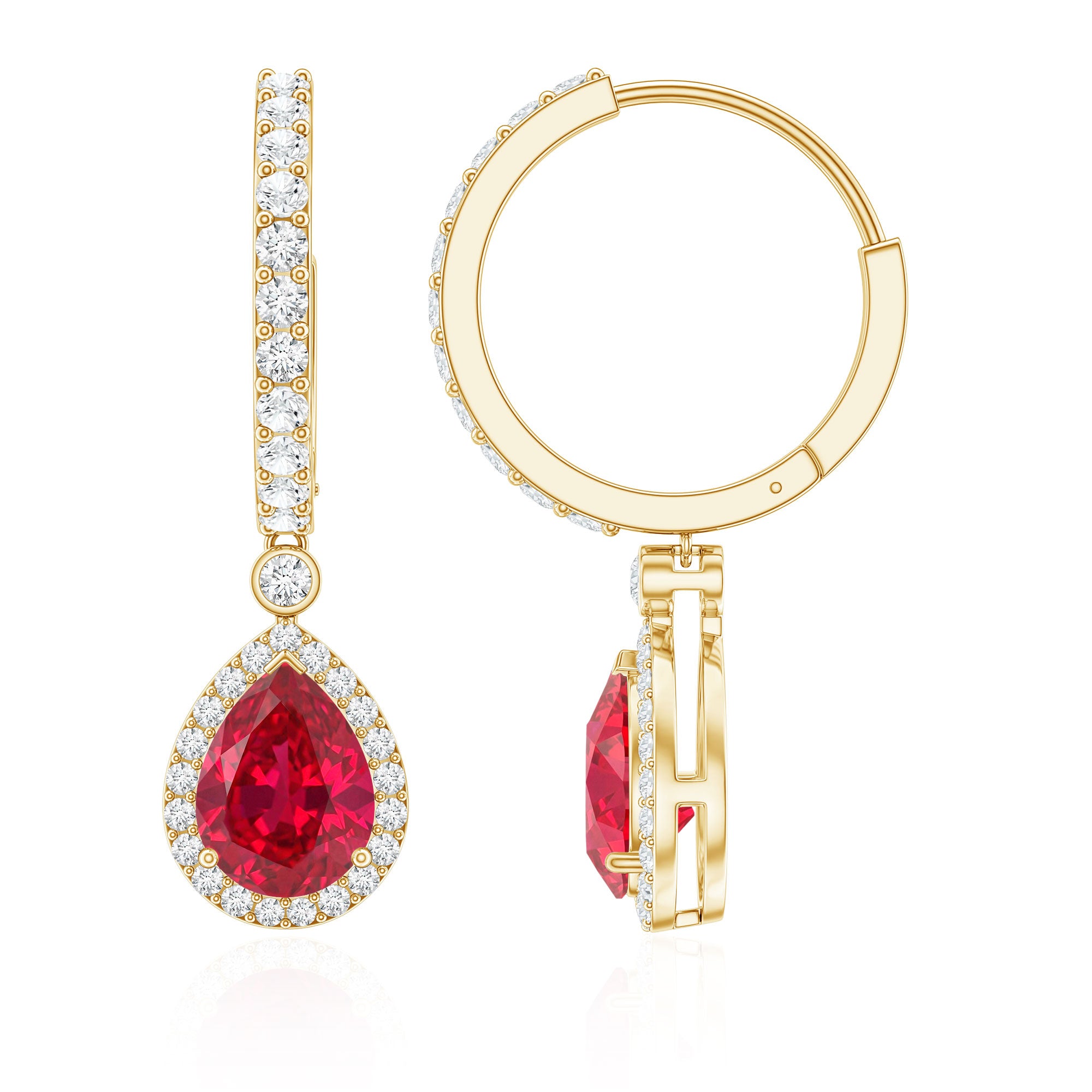 Lab Created Ruby and Moissanite Teardrop Hoop Earrings AAAA - Rosec Jewels