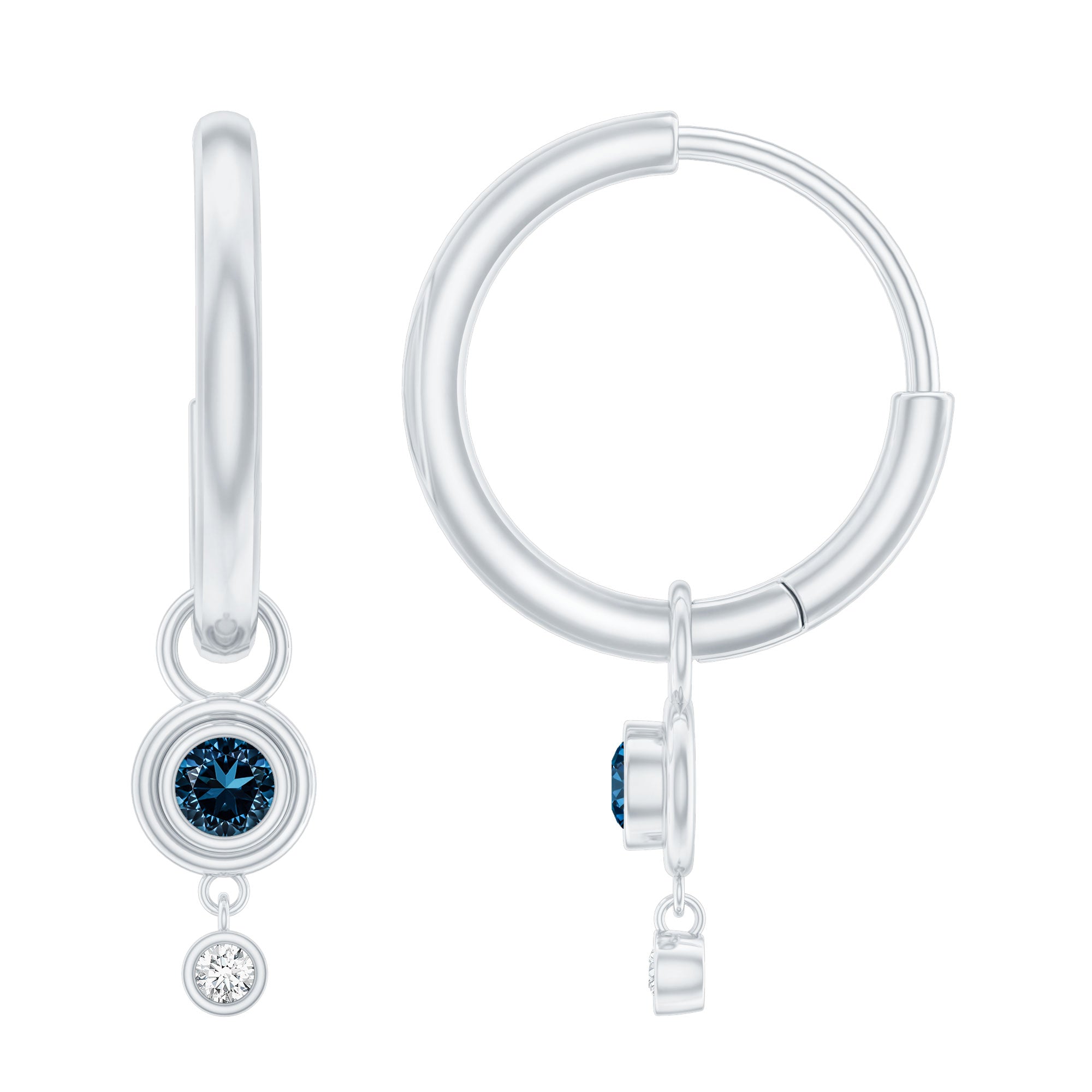 Bezel Set London Blue Topaz and Lab Diamond Hoop Drop Earrings AAA - Rosec Jewels